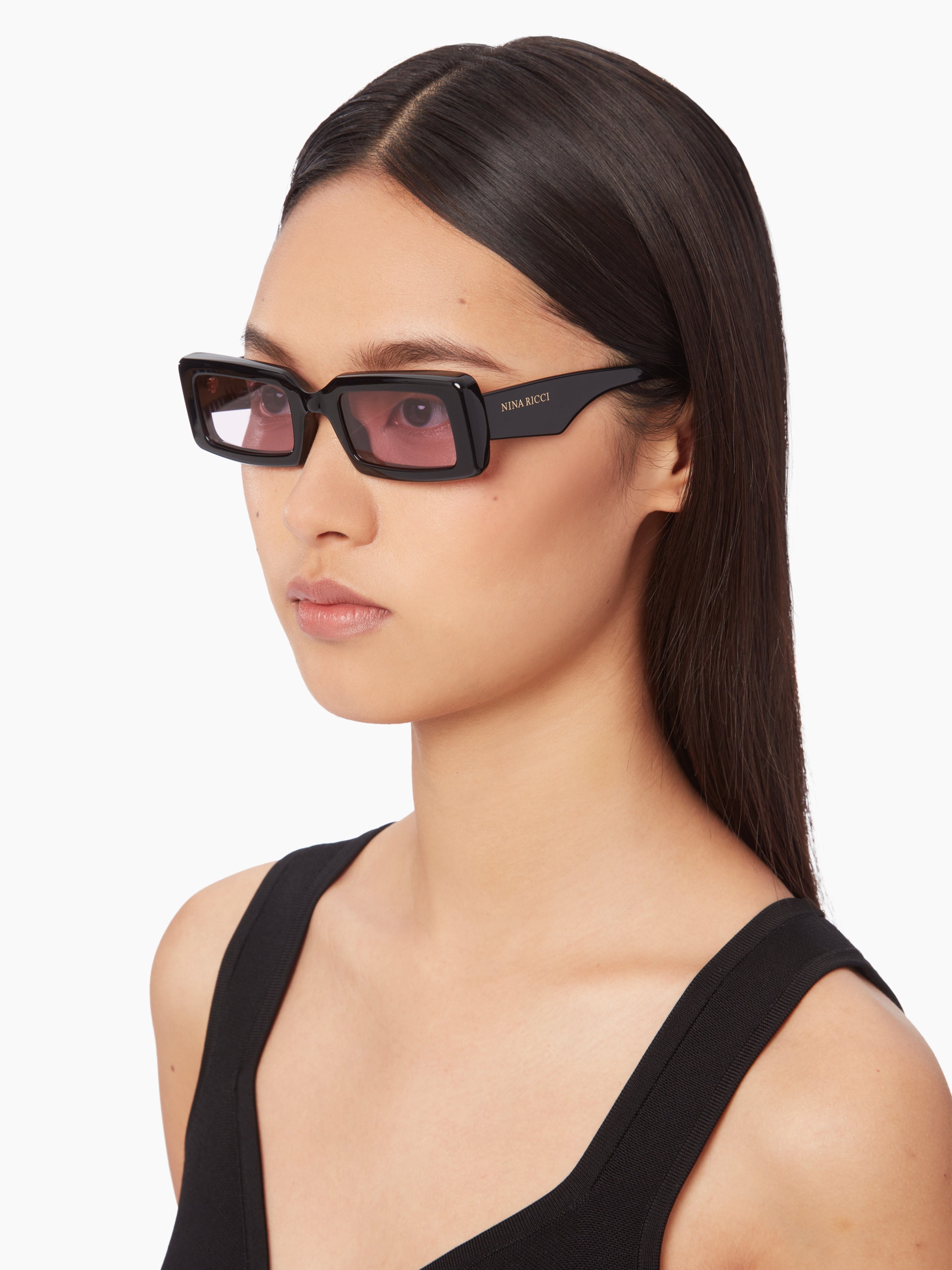 Waves rectangular shiny black Sunglasses - 3