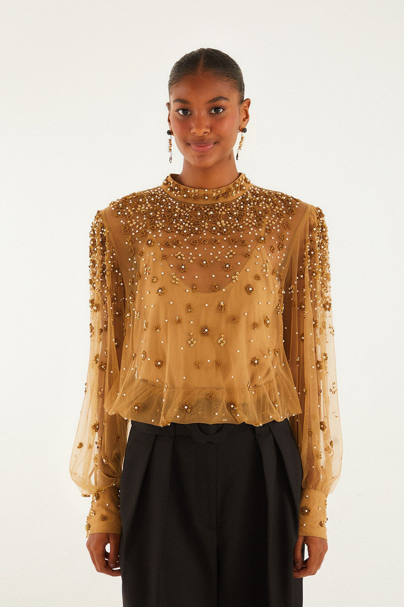 Caramel Embroidered Tulle Lined Blouse 1
