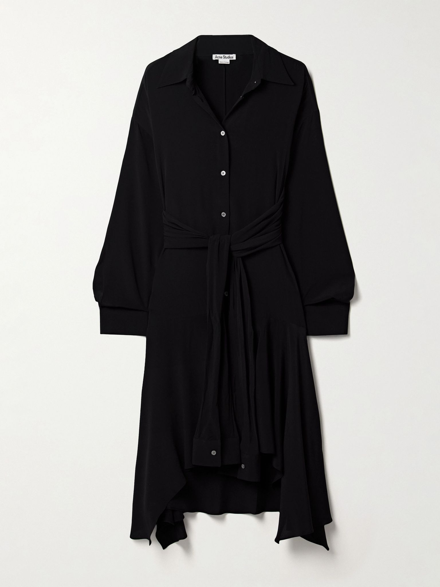 Convertible asymmetric belted crepe de chine midi shirt dress Black - 1