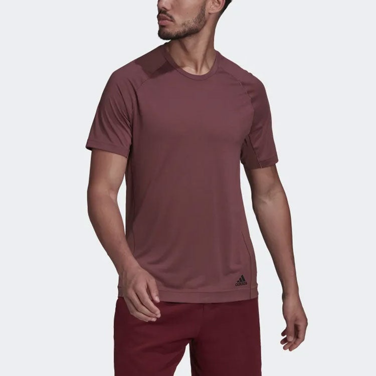 Men's adidas Solid Color Small Alphabet Logo Printing Round Neck Short Sleeve Wine Red T-Shirt HC264 - 2