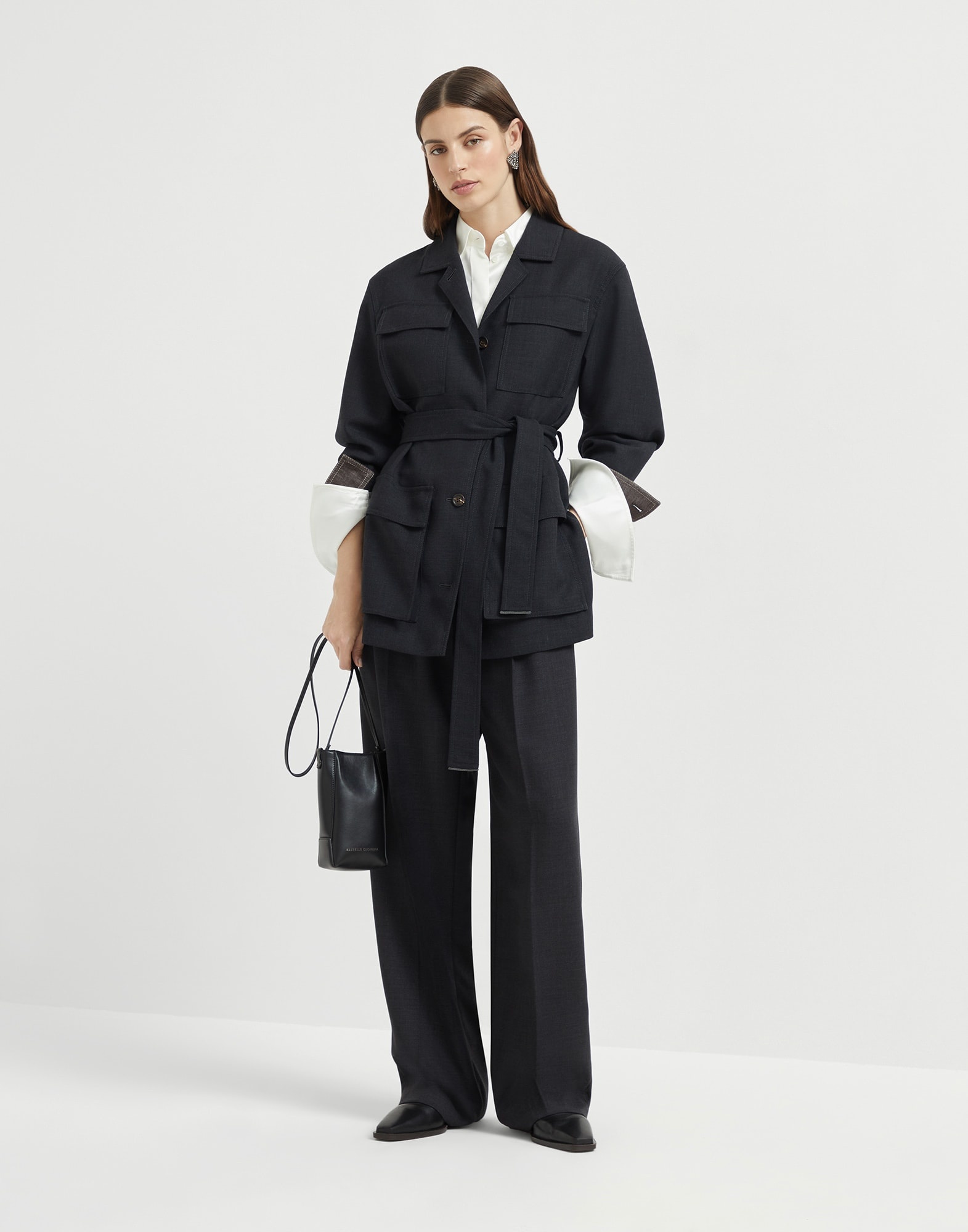 Virgin wool fluid crêpe twill safari blazer with monili - 5