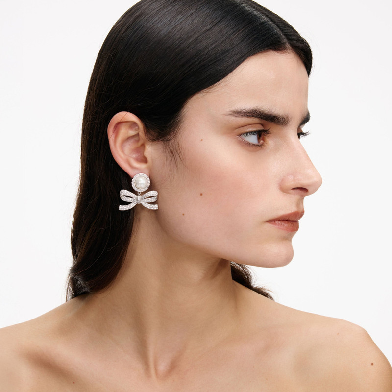 self-portrait Silver Pearl Bow Drop Earrings outlook