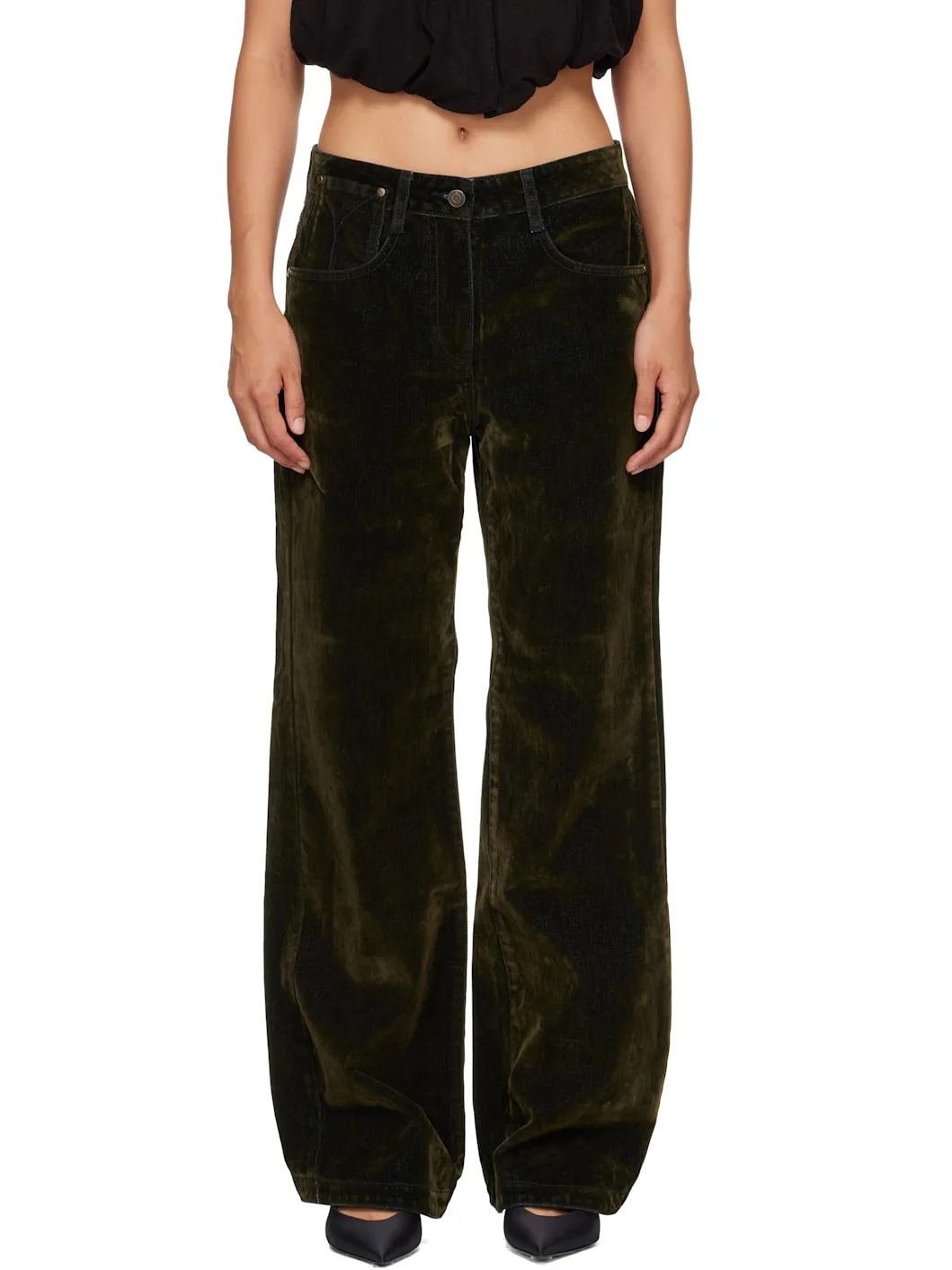 Khaki Velvet Denim Curved Jeans - 1