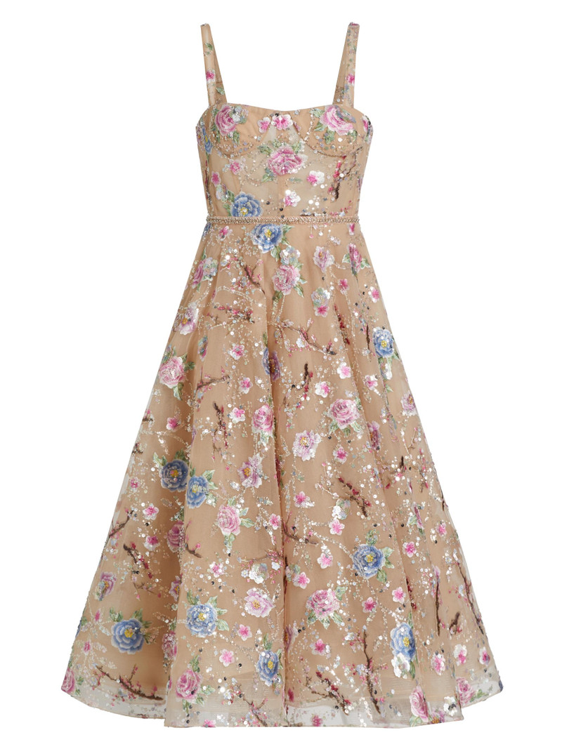 Women's Mademoiselle Embroidered Floral Midi-Dress - Gold Multi 1