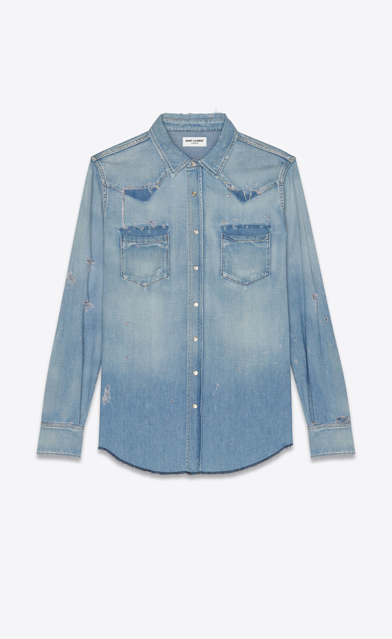 SAINT LAURENT destroyed western shirt in dusty pink blue denim outlook