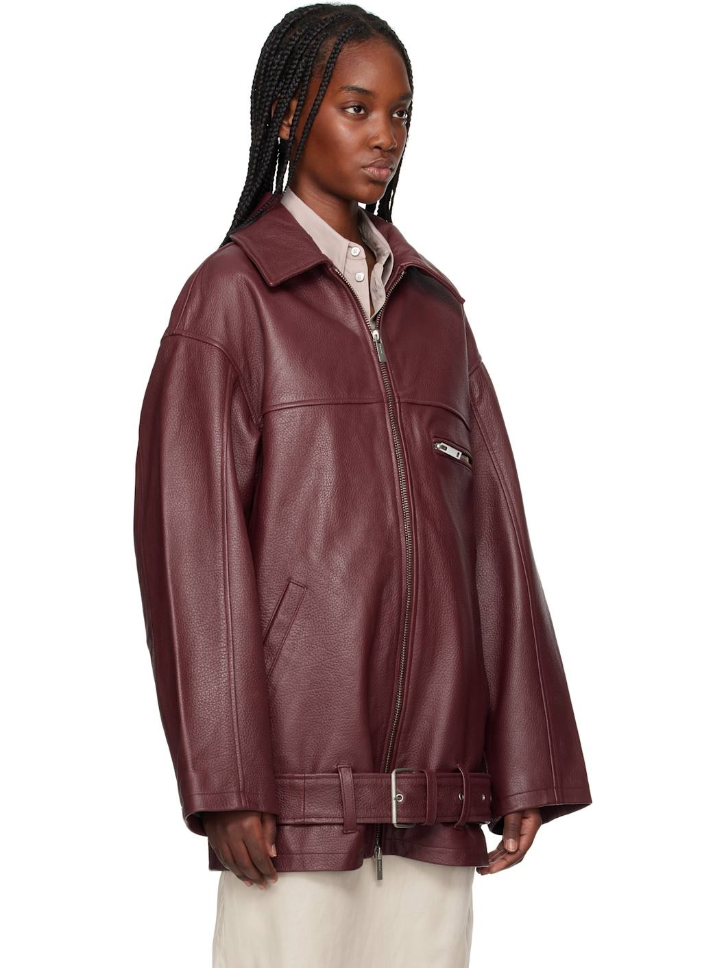 Burgundy Oversize Leather Jacket - 2