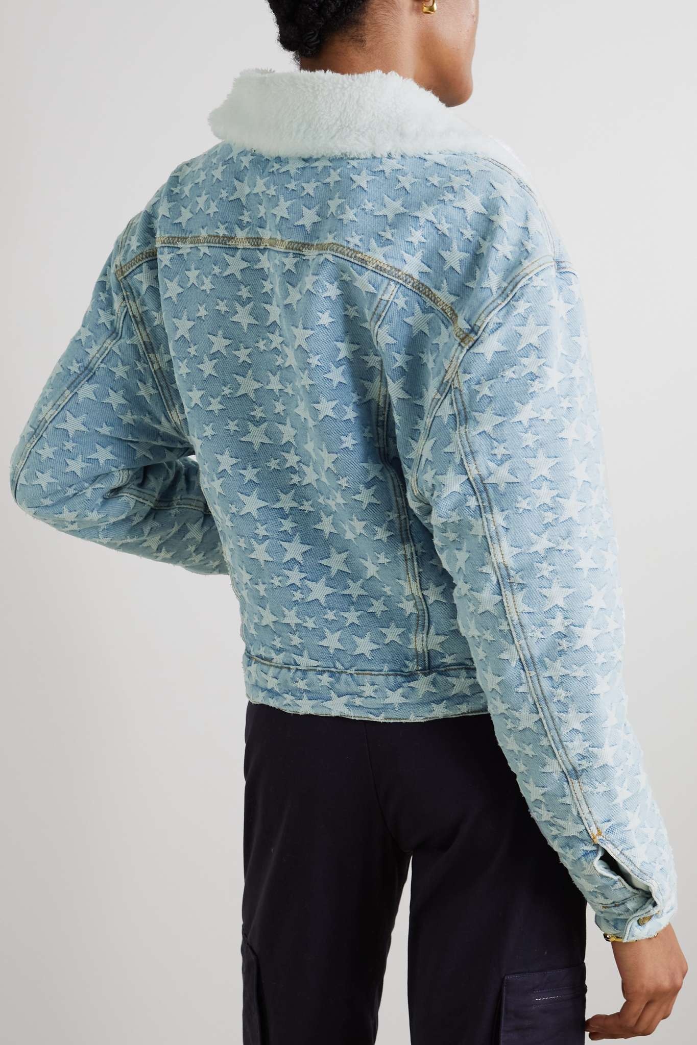 Fleece-trimmed denim-jacquard jacket - 4