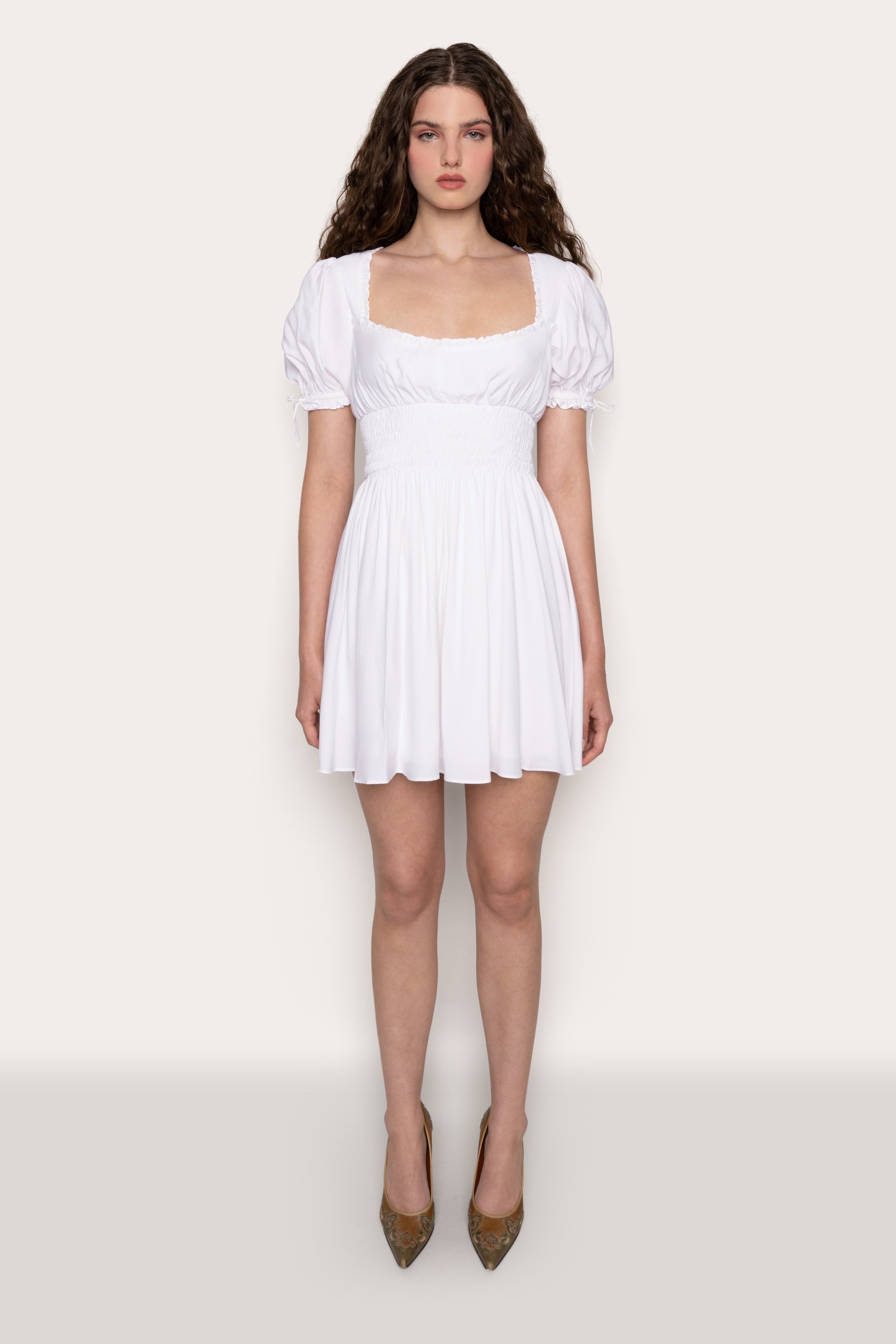 PUFF SLEEVE RUCHED FLARE DRESS - 3