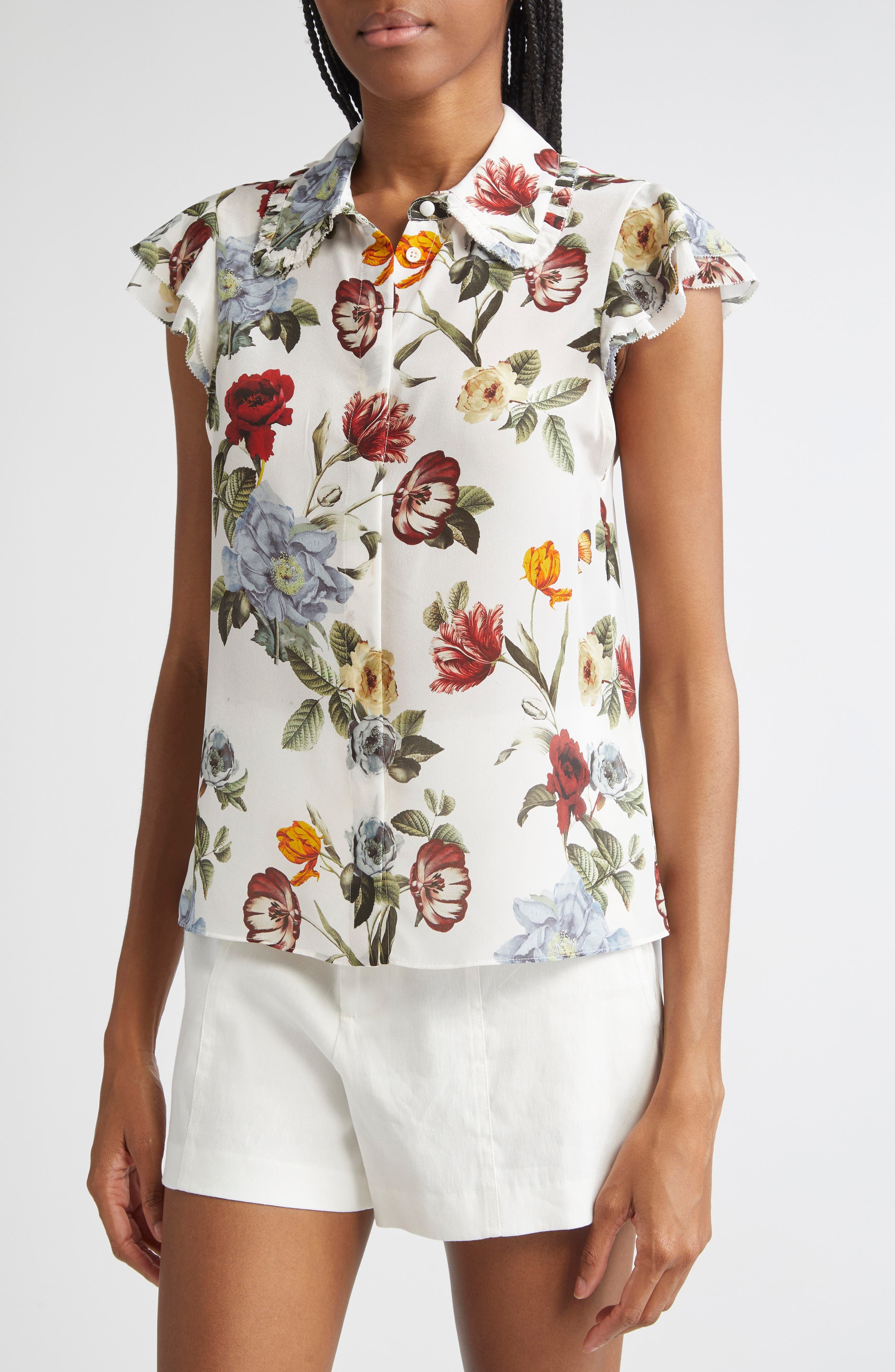 Alice + Olivia Martel Floral Flutter Sleeve Silk Button-Up Top in Provence Floral Sm at Nordstrom - 4
