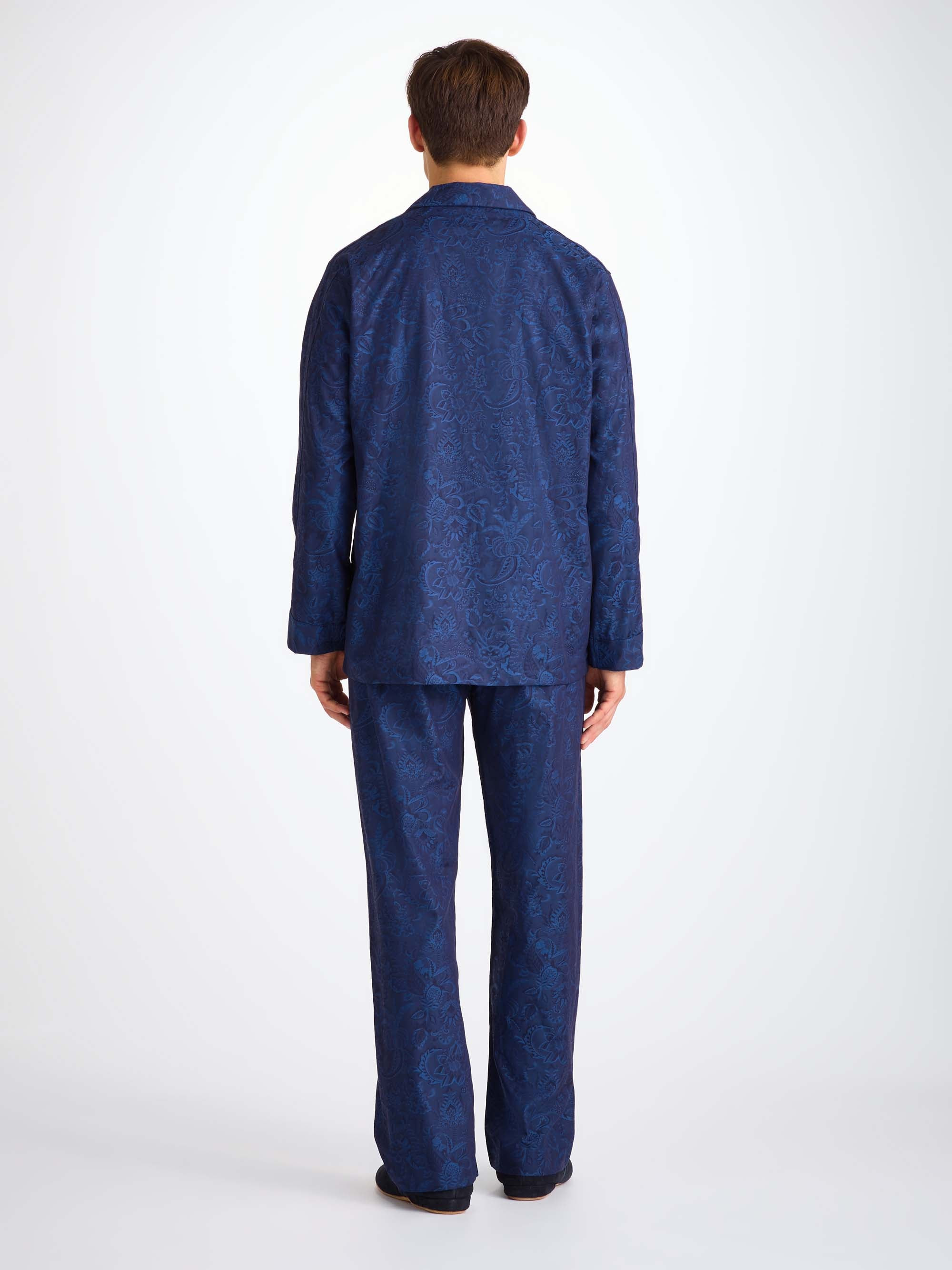 Men's Classic Fit Pajamas Cotton Jacquard Navy Jungle Paisley Pattern - 4
