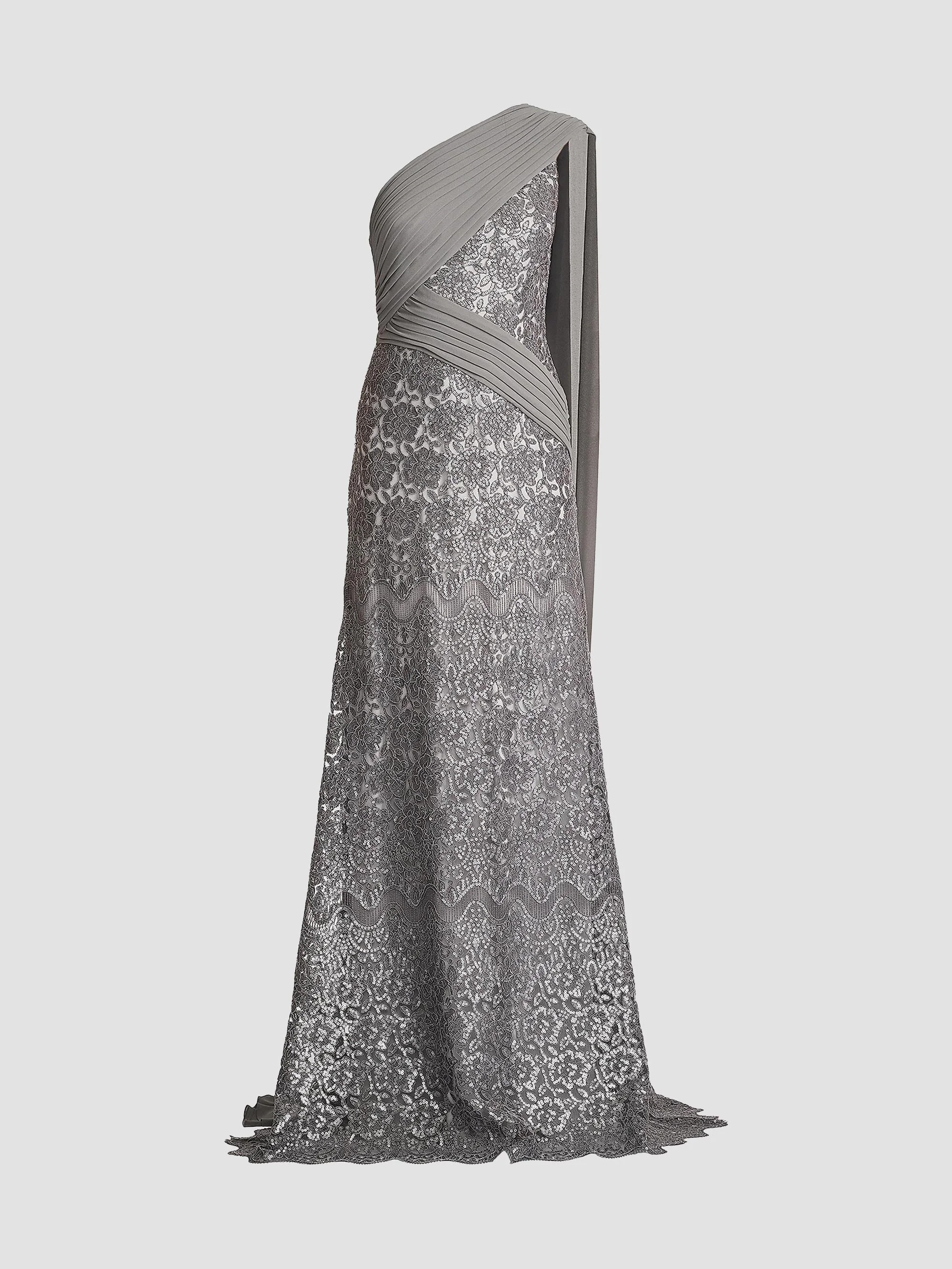 Women's Sequined Lace One-Shoulder Gown - Mist - 1
