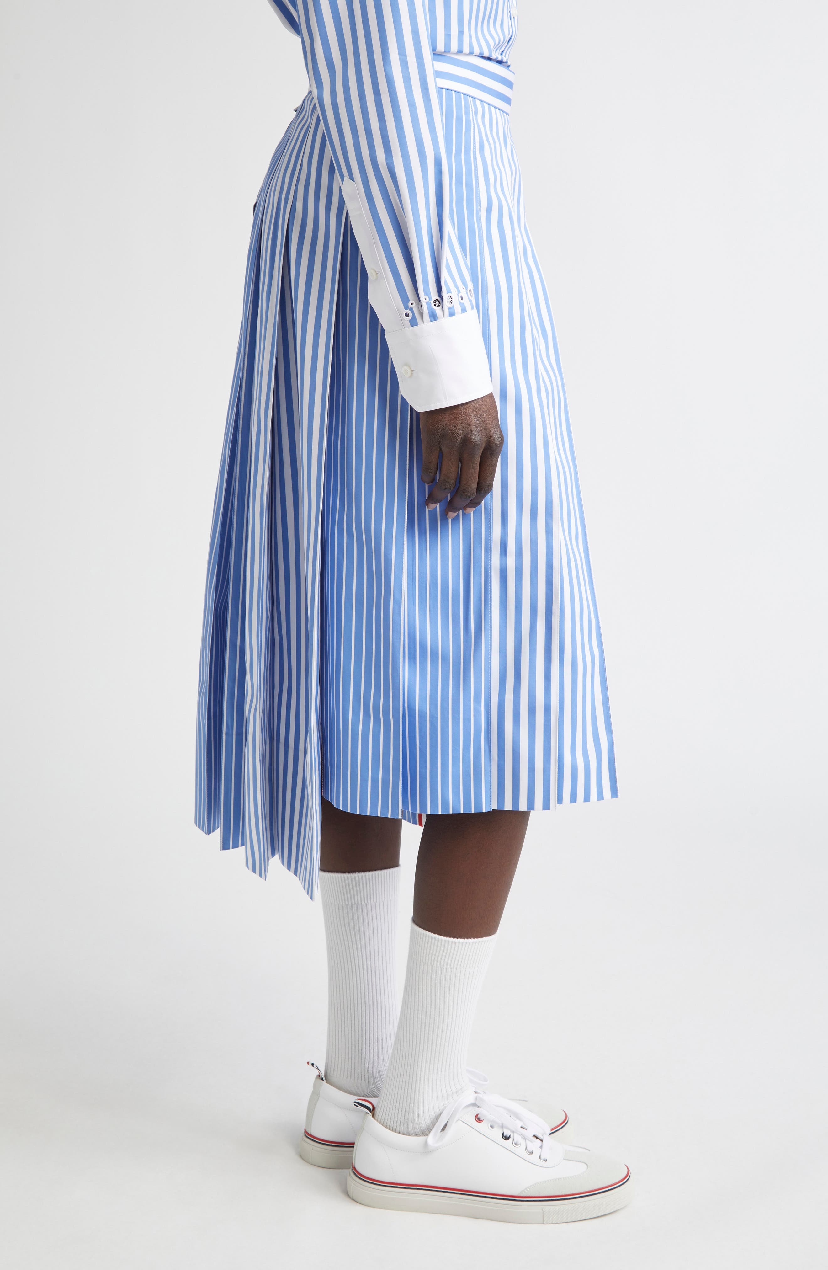Thom Browne Awning Stripe Pleated Cotton Poplin Skirt in Medium Blue at Nordstrom - 4