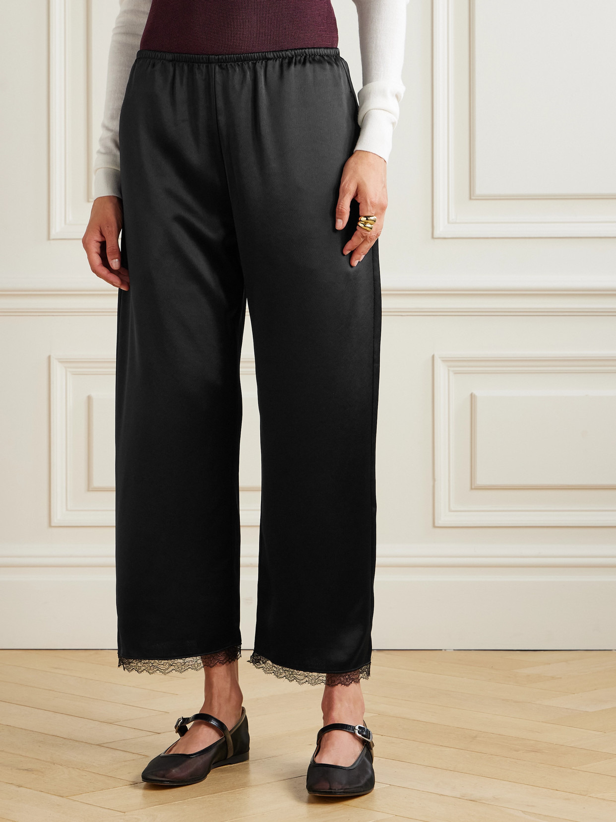 Barb Lace-trimmed Satin Wide-leg Pants - 4