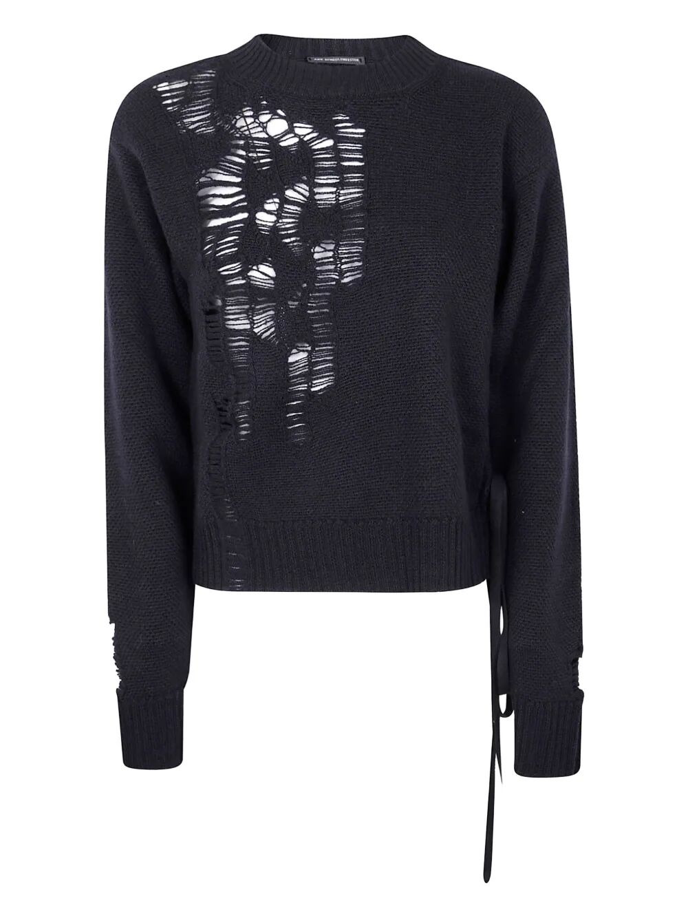 Ann Demeulemeester Women "Gabriela" Destroyed Seed Stitch Crew Neck Sweater With Drawstrings - 4