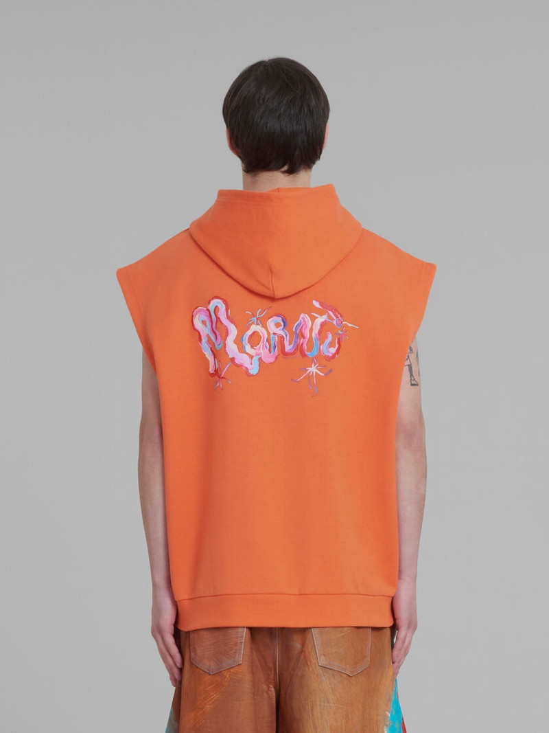 ORANGE SLEEVELESS COTTON HOODIE WITH LOGO PRINT 3