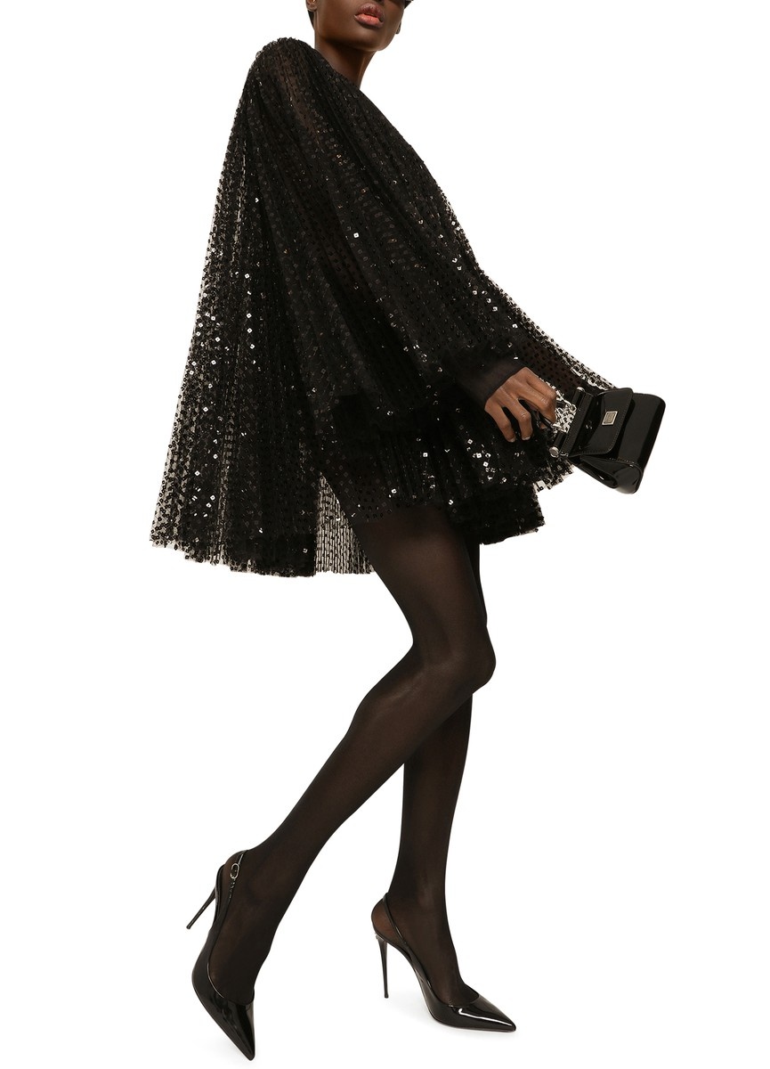 Pleated Short Dress with Wide Sleeves in Sequins - 5