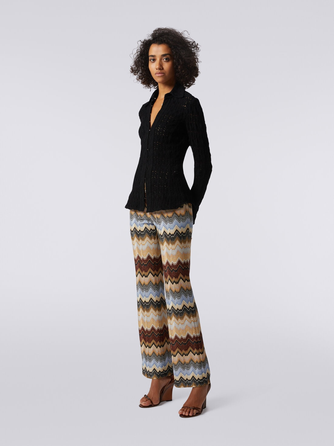 Viscose chevron pleated flared trousers with lurex - 3