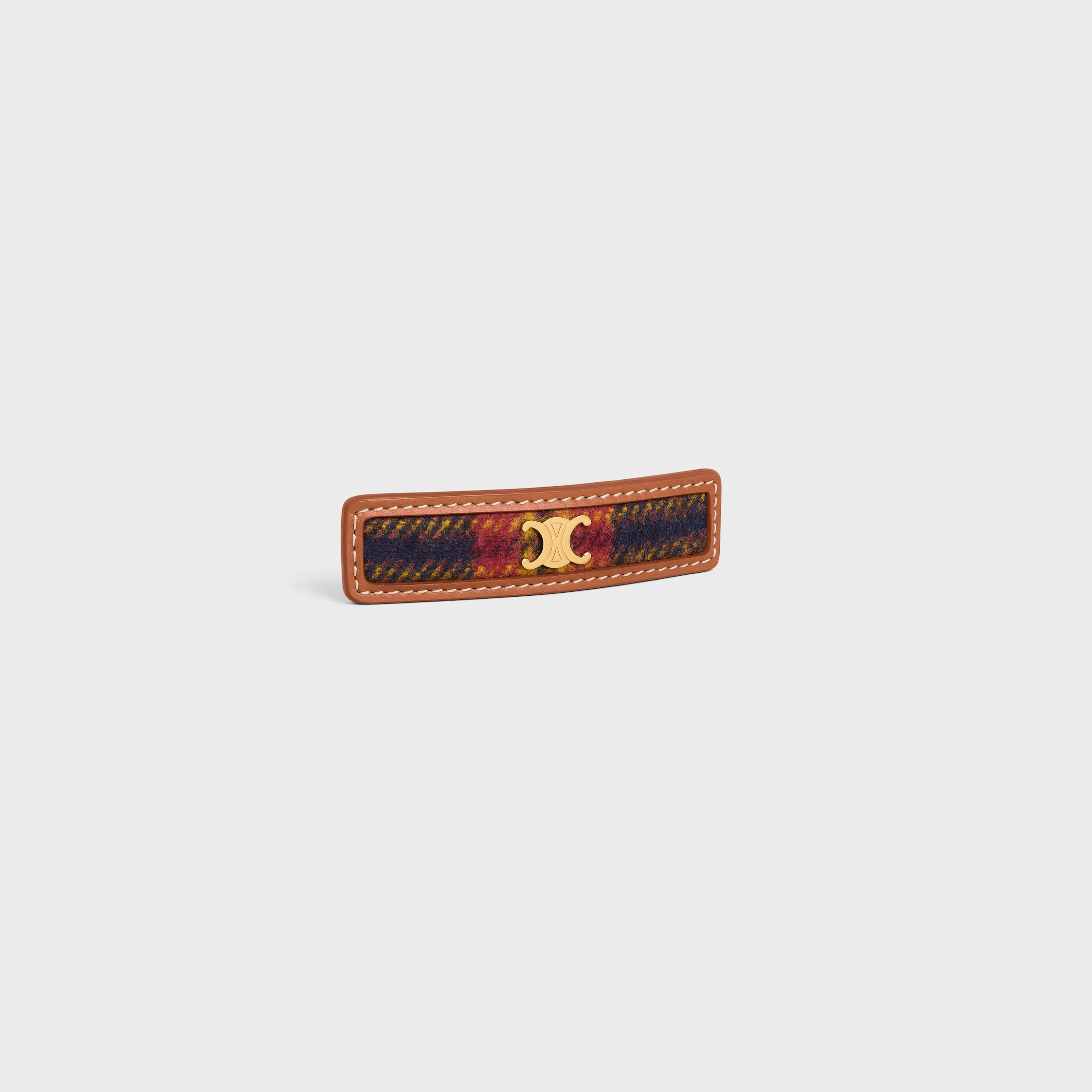 Celine Tartan Hair Clip in Calfskin, Wool and Brass with Gold Finish - 2