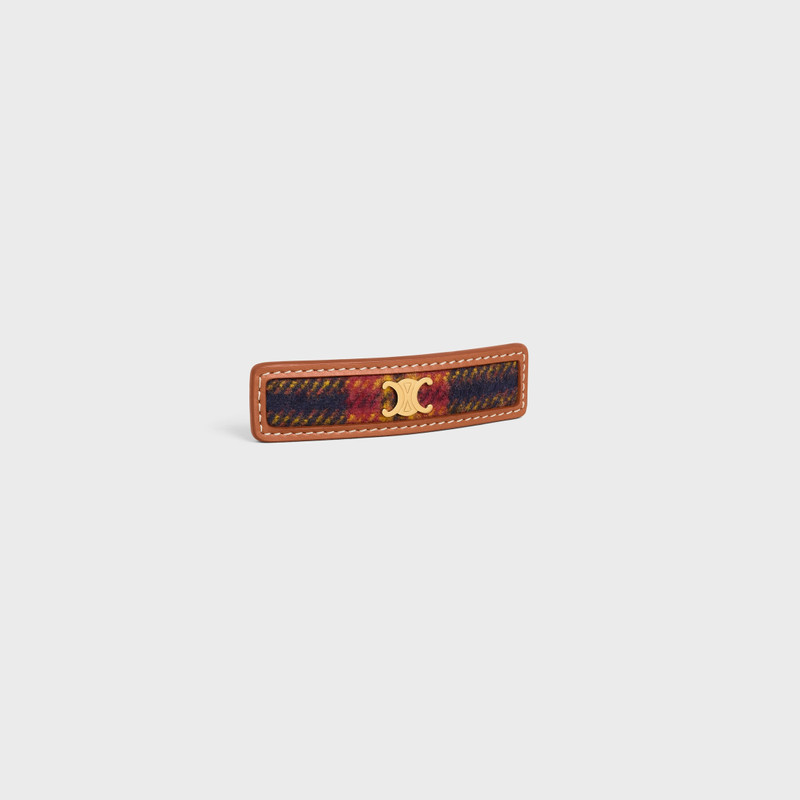 CELINE Celine Tartan Hair Clip in Calfskin, Wool and Brass with Gold Finish outlook