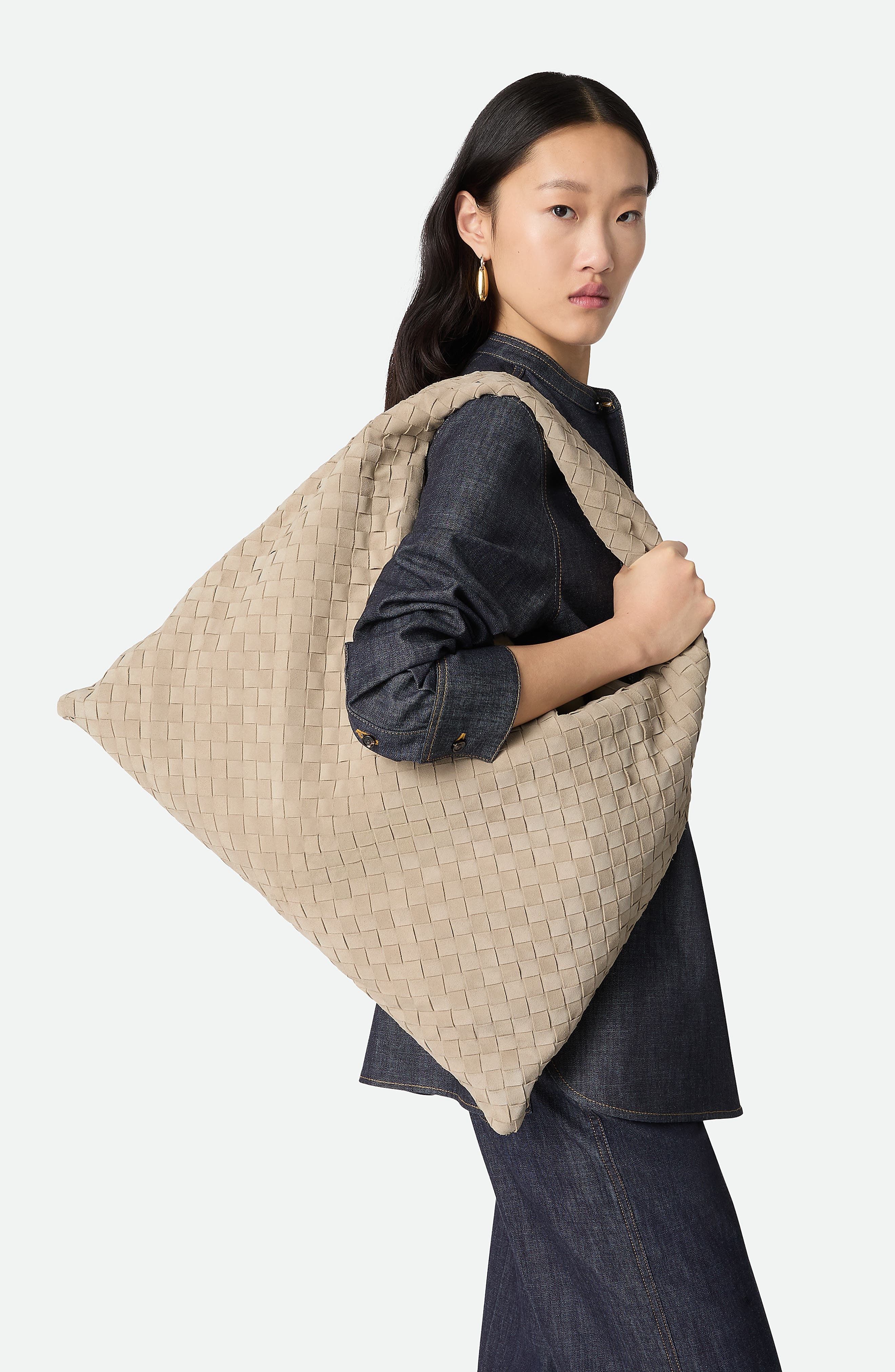 Bottega Veneta Large Hop Intrecciato Suede Hobo Bag in 9614 Ecru-Muse Brass at Nordstrom - 2