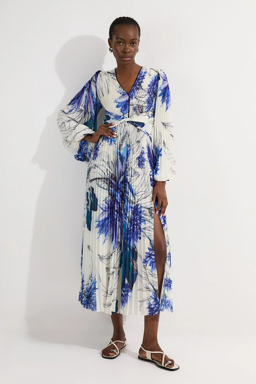 Tall Floral Balloon Sleeve Pleated Crinkle Cut Out Woven Maxi Dress - 1
