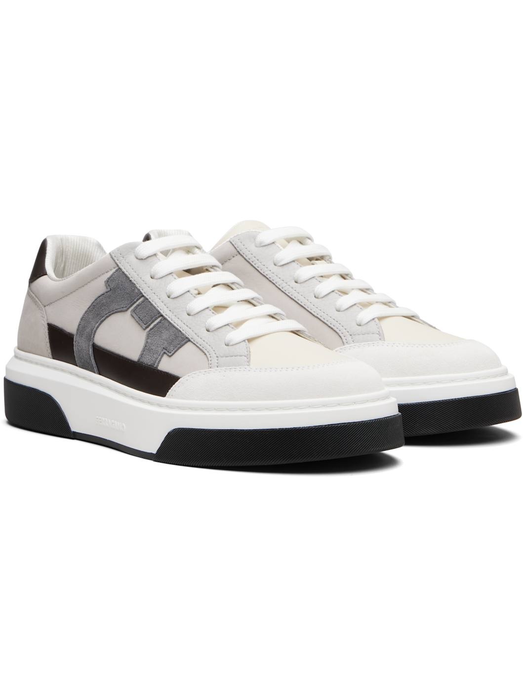 Gray & Off-White Low Cut Gancini Outline Sneakers - 4