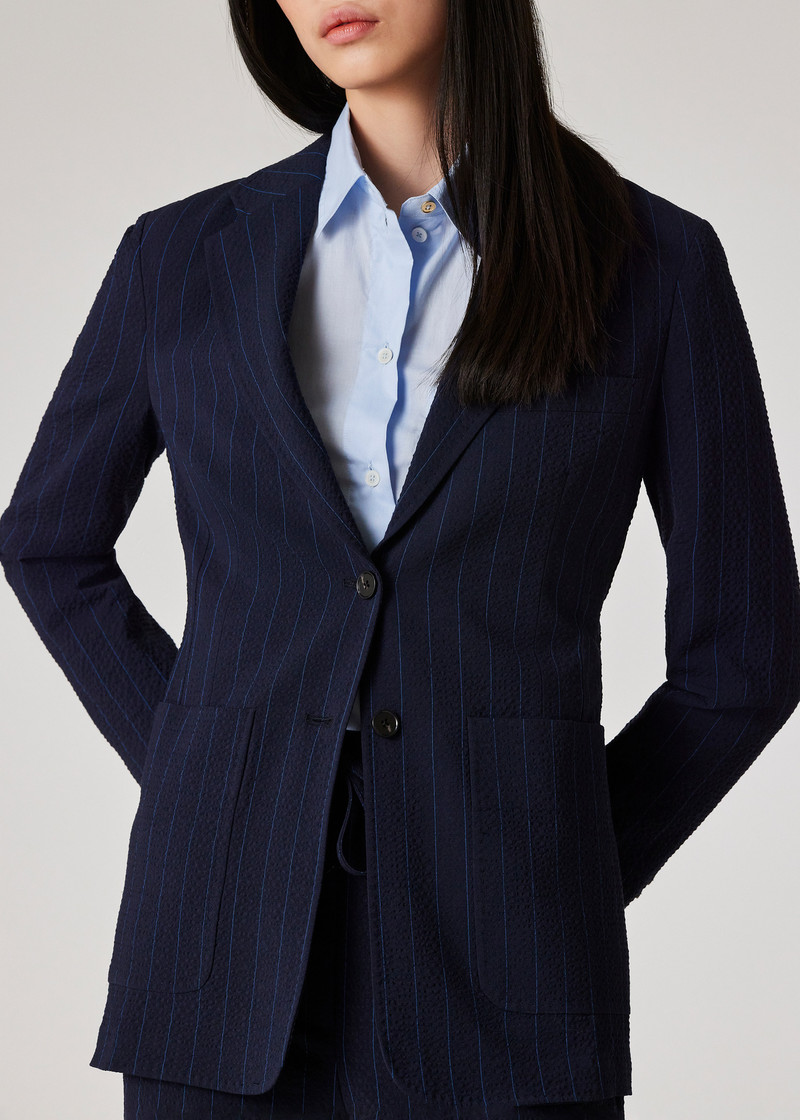 여성 모직 블렌드 해군 Seersucker Pinstripe 블레이저 7