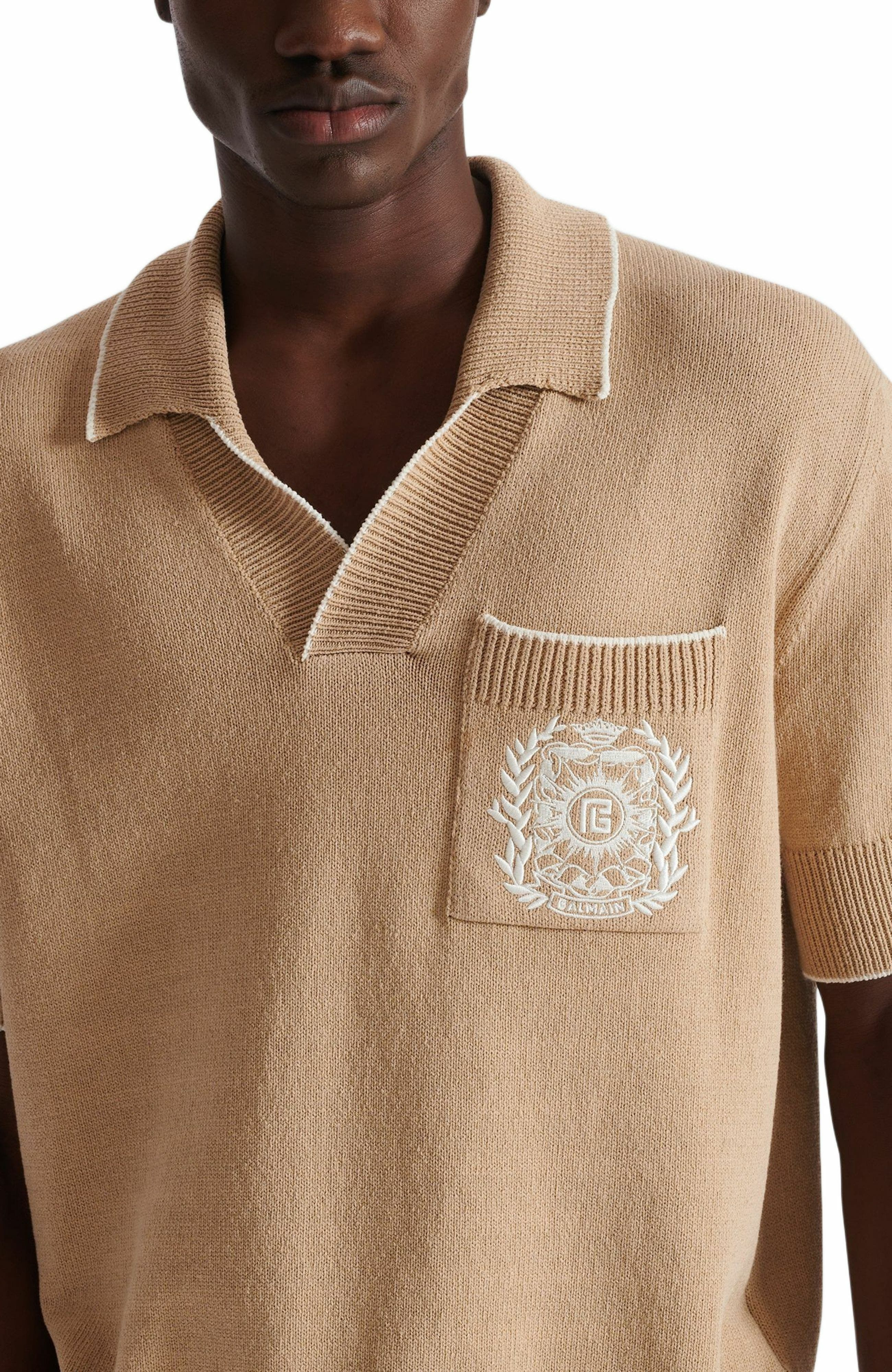 Balmain Écusson embroidered knit polo shirt in Beige at Nordstrom - 6