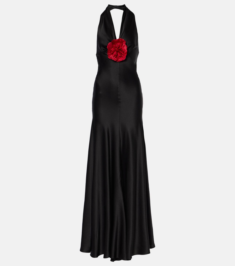 Floral-appliqué silk satin midi dress 1