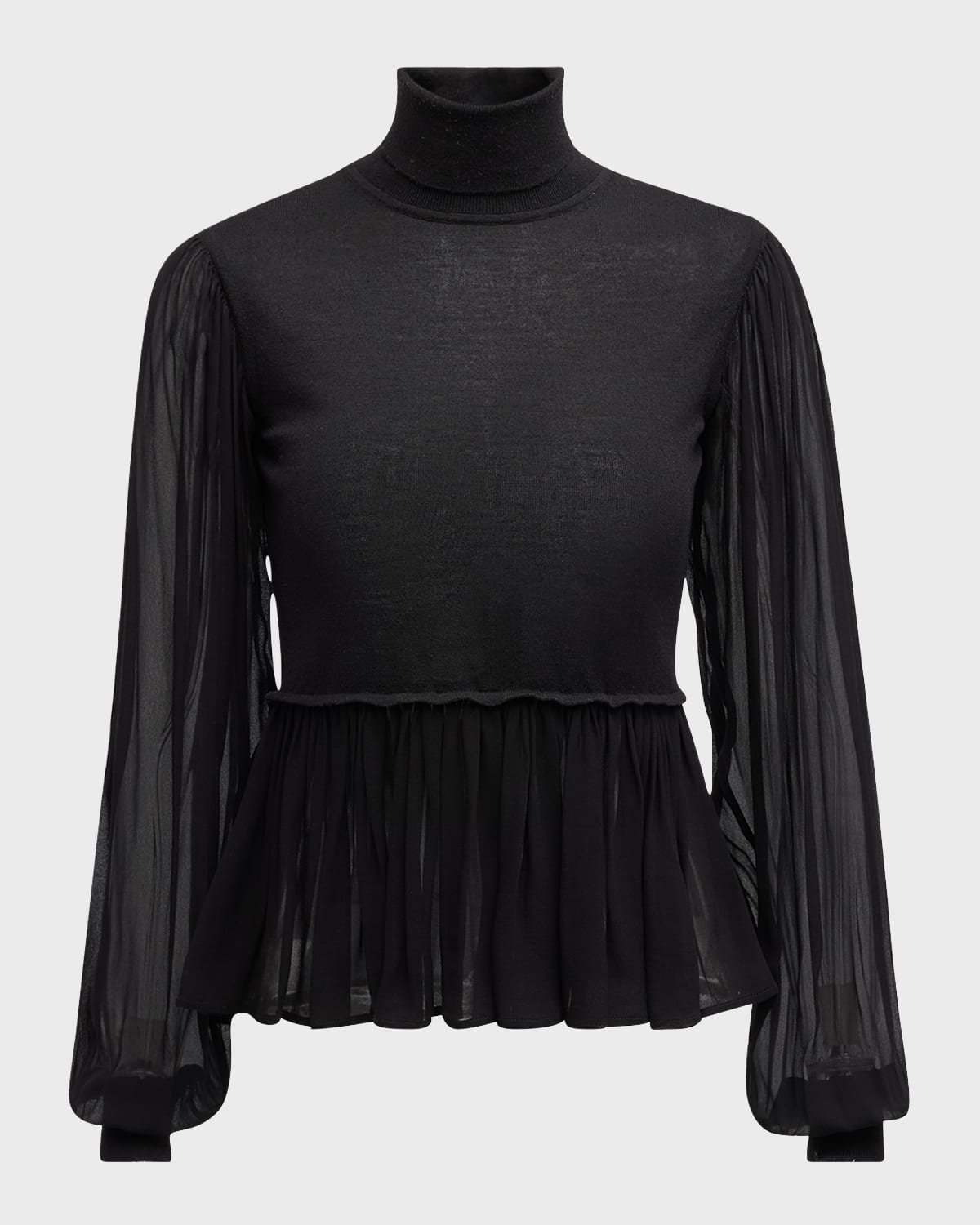 Liana Sheer-Sleeve Wool and Silk Combo Turtleneck Top - 1