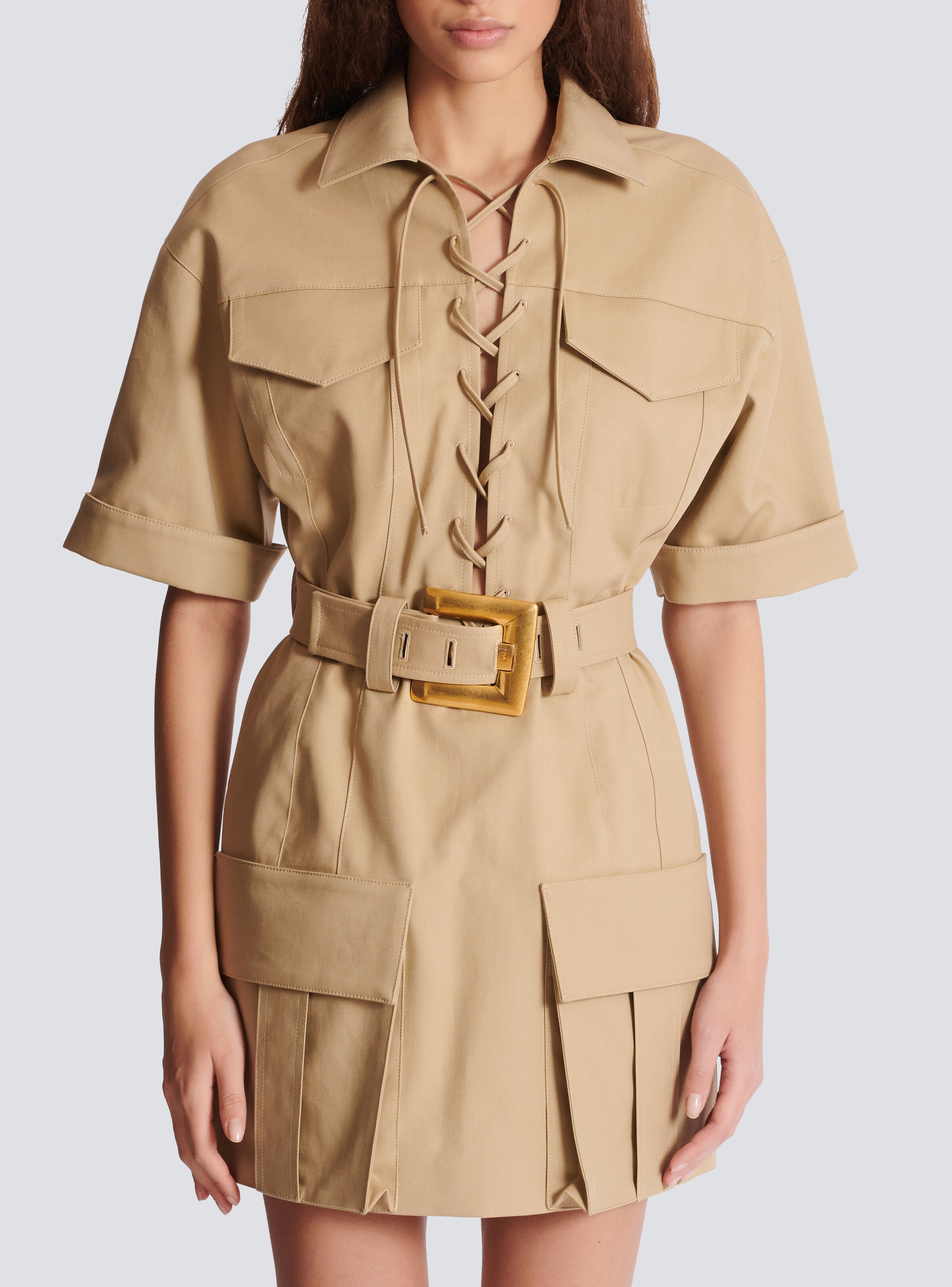Short cotton gabardine lace-up dress - 5