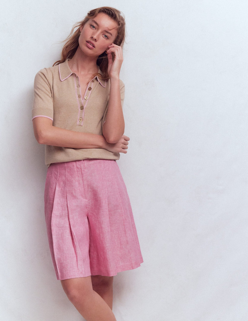 BODEN Highbury Pleated Linen Shorts-Meadowsweet Pink Chambray outlook