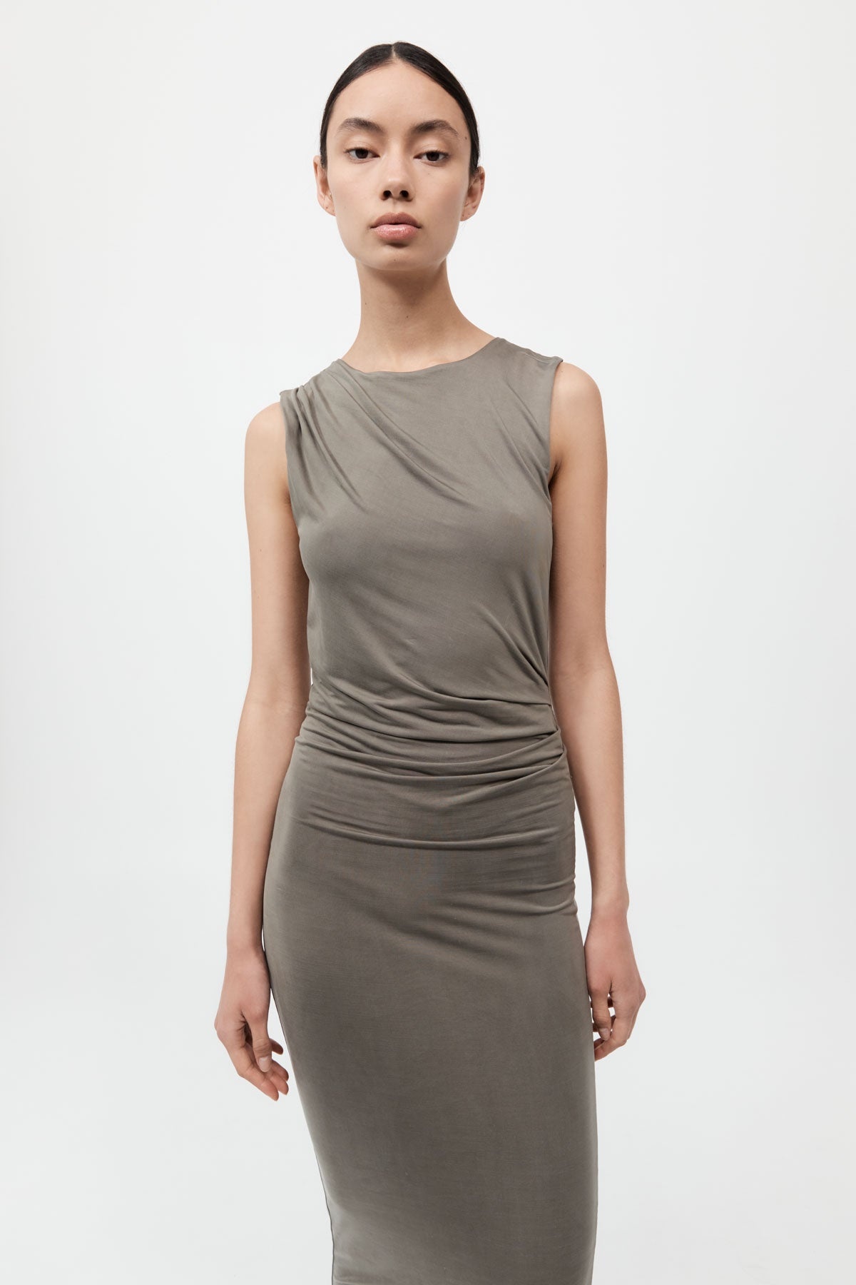 Cupro Jersey Drape Dress - Smokey Olive - 3