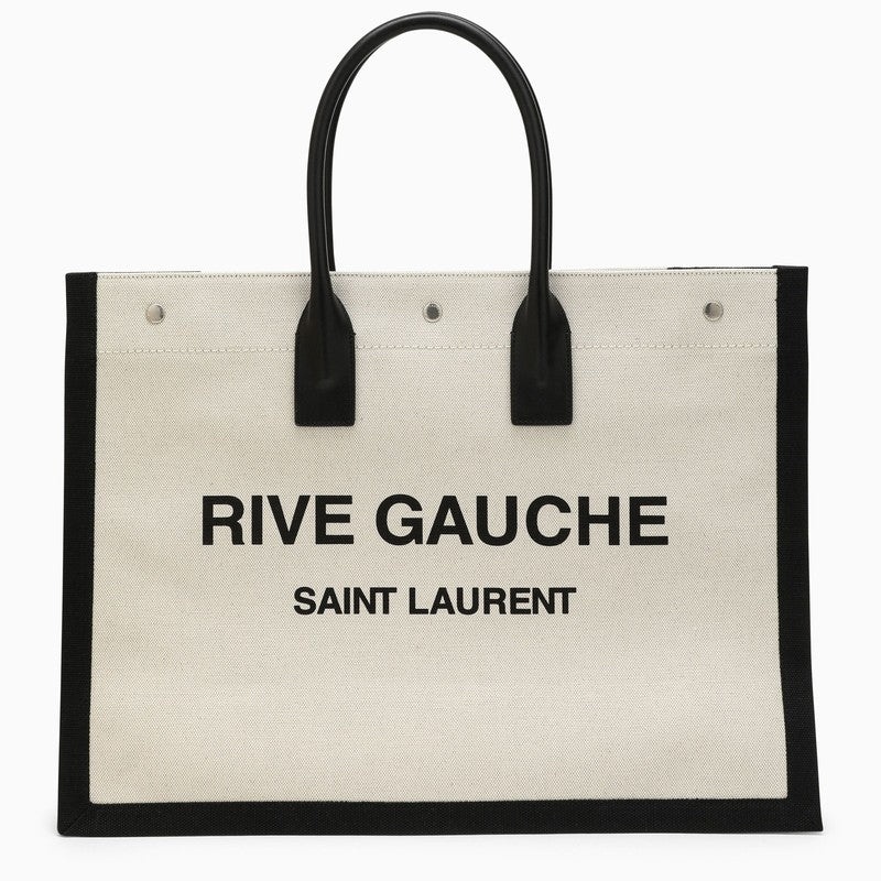 Women's Rive Gauche Small Tote Bag In Raffia And Leather In Black/white