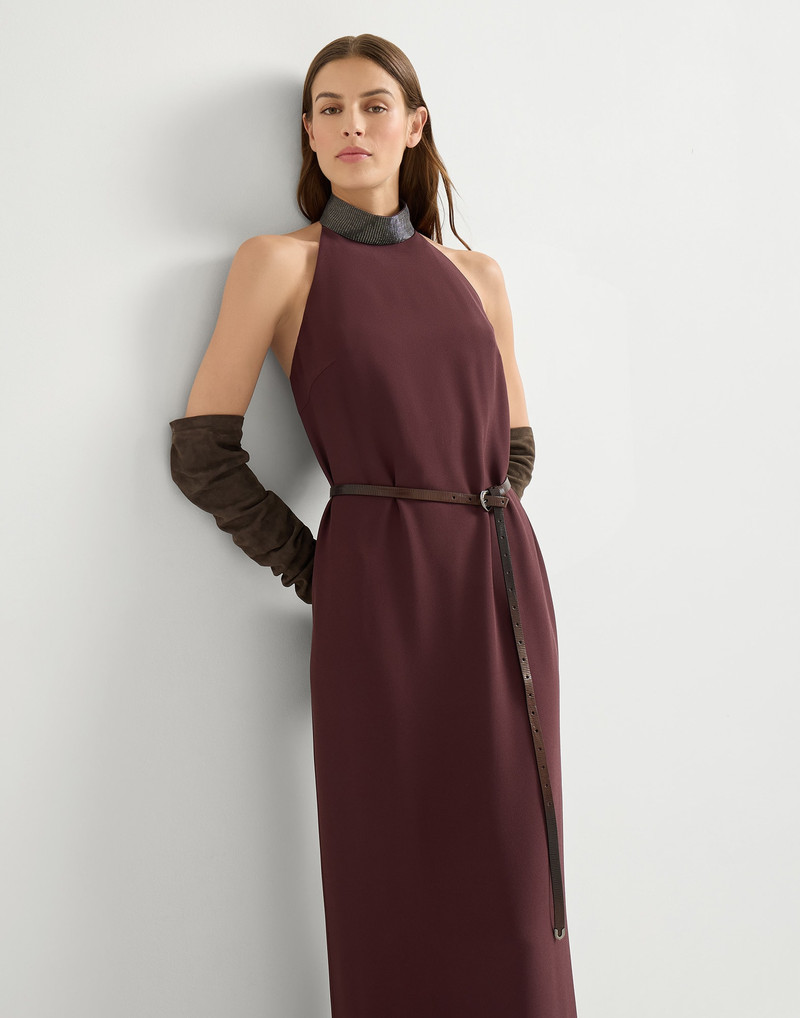 Silk and acetate crêpe cady halterneck dress with precious beaded collar 4