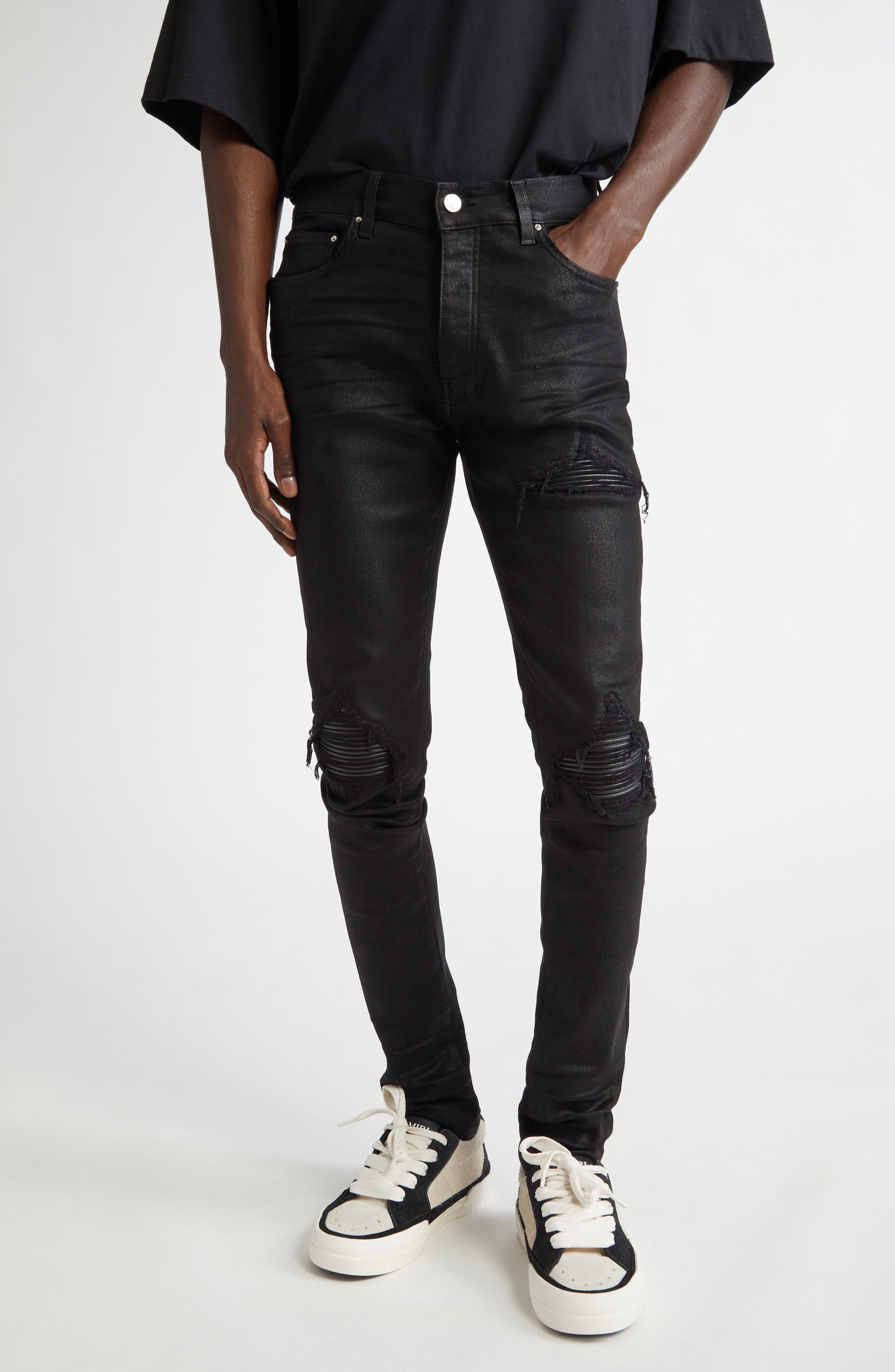 AMIRI WAX MX1 Leather Patched Distressed Jeans in Black at Nordstrom - 1