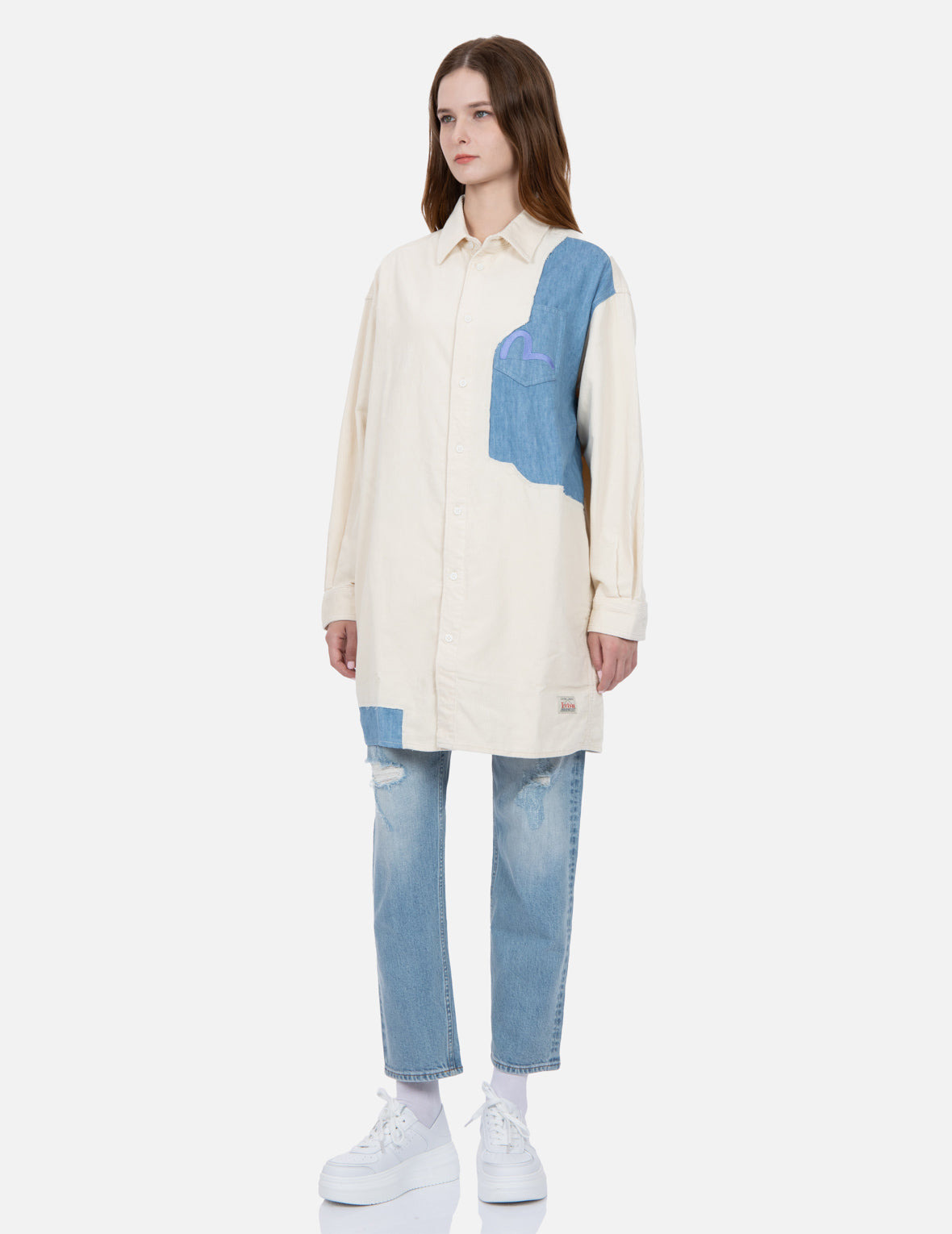 TEAR-OFF DESIGN FABRIC BLOCKING CORDUROY SHIRT DRESS - 3