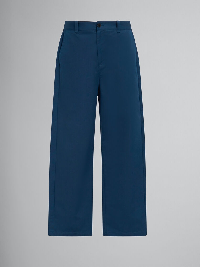 BLUE BIO GABARDINE TROUSERS WITH BACK LOGO WAIST - 1