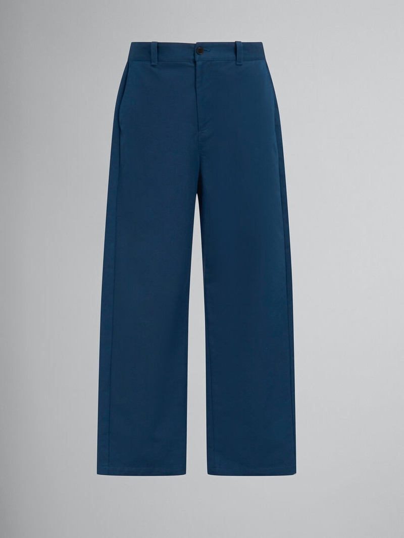 BLUE BIO GABARDINE TROUSERS WITH BACK LOGO WAIST 1