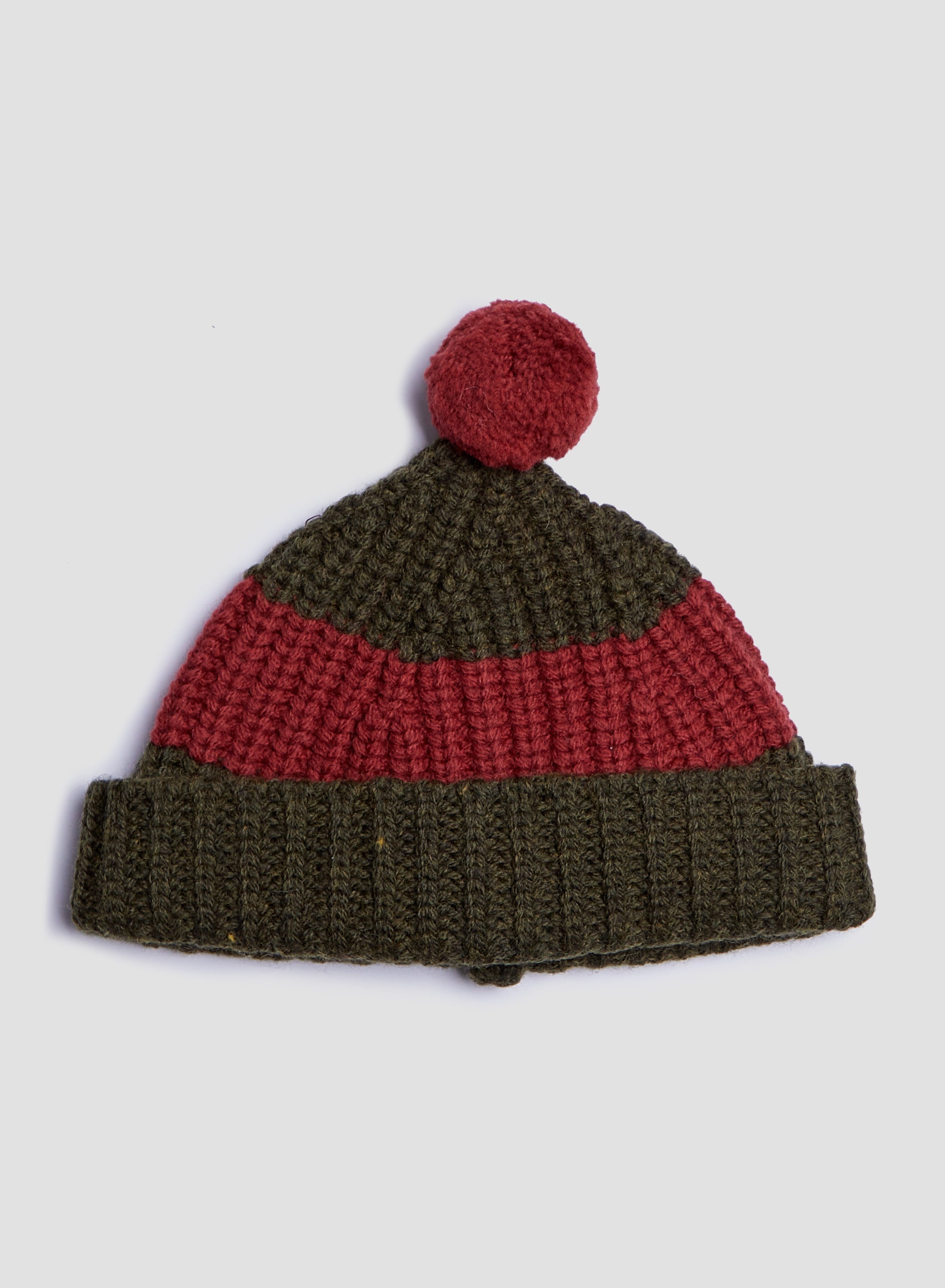 Striped Pom Pom Beanie in Army/Red - 3