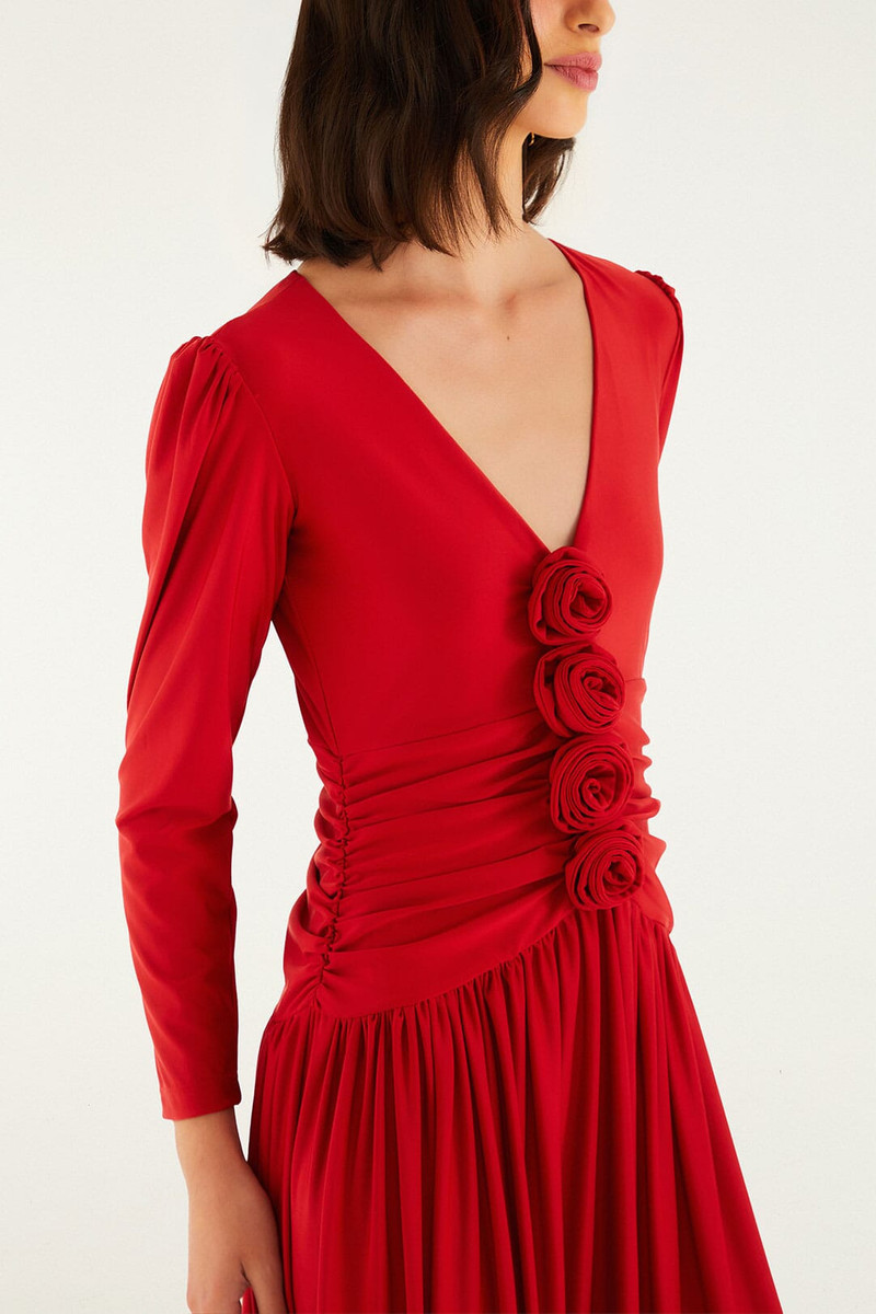 FARM RIO Red 3D Roses Long Sleeve Draped Midi Dress outlook