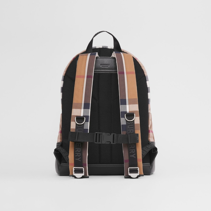 Large Check Cotton Canvas and Leather Backpack 8