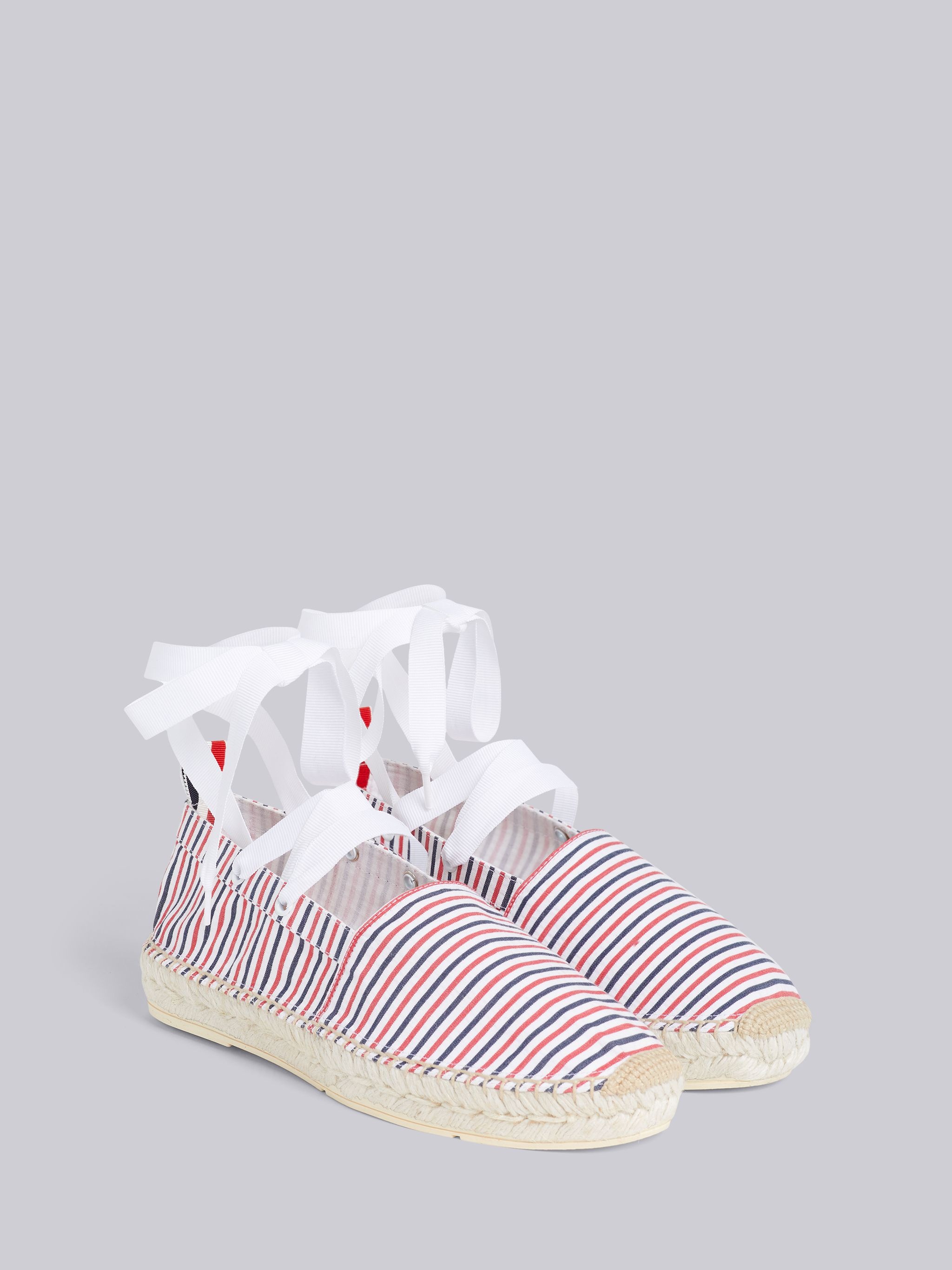 Multicolor Cotton Seersucker Stripe Removable Ankle Tie Espadrille - 3