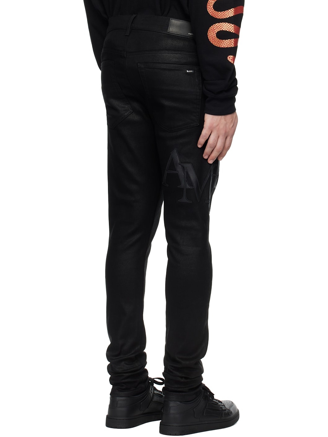 Black Waxed Staggered Logo Skinny Jeans - 3