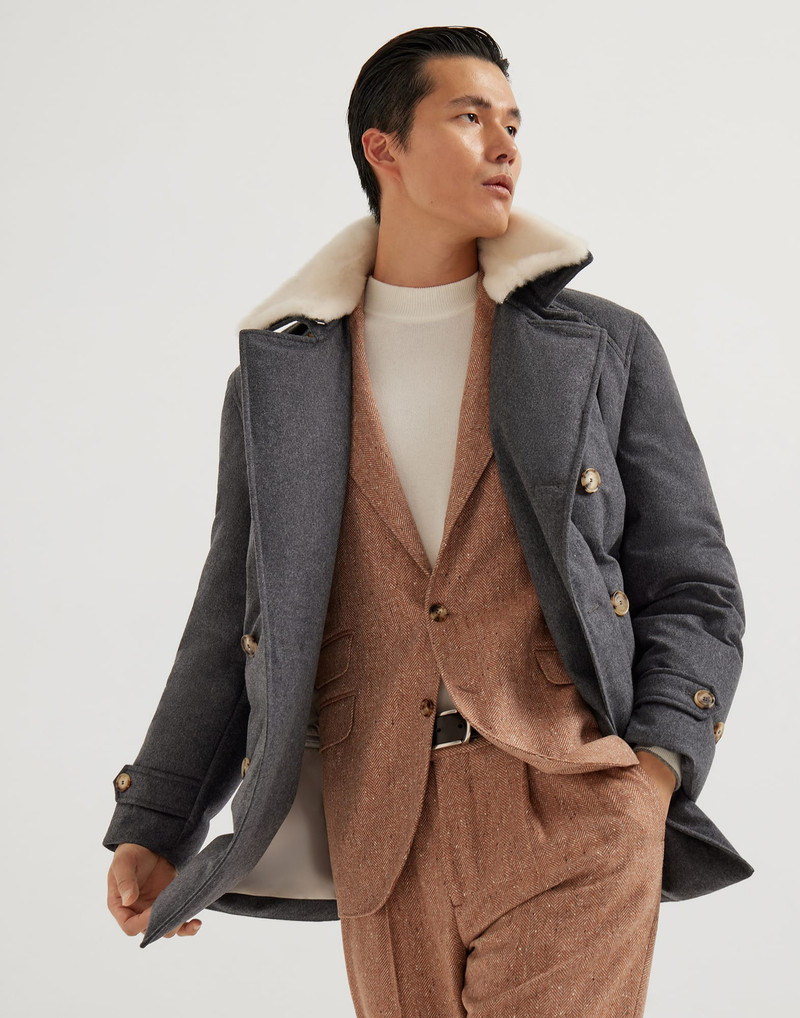 Bonded wool flannel one-and-a-half breasted down jacket with detachable shearling collar 4