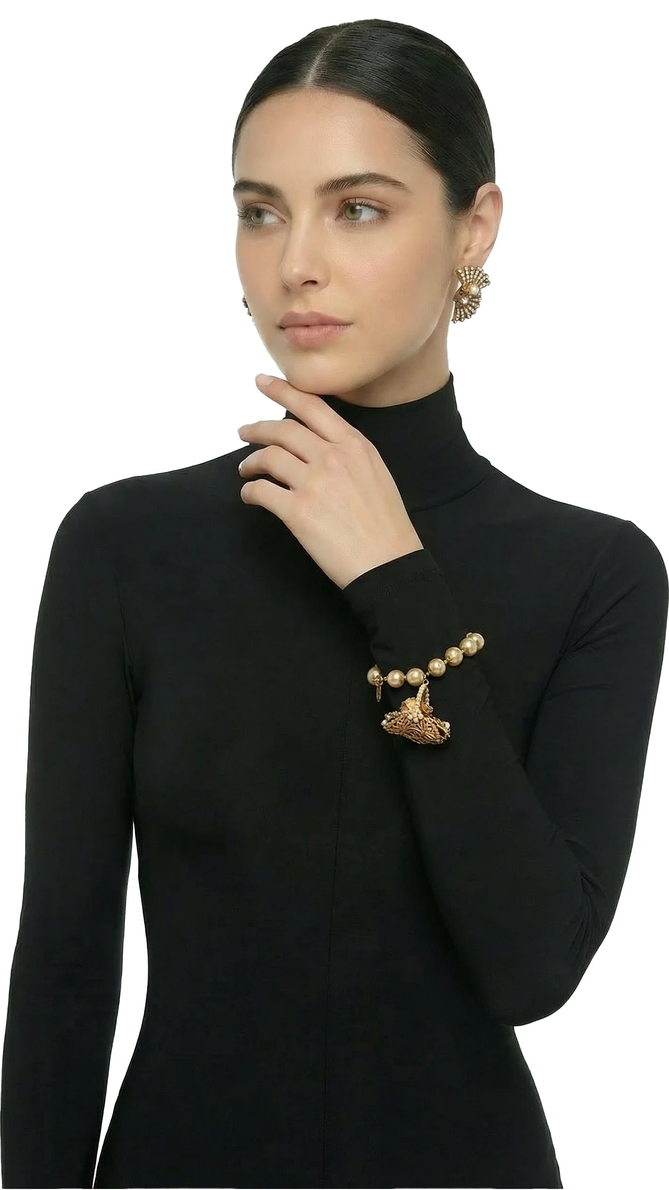MIRIAM HASKELL BRASS/PEARL/STONE EARRING AND BRACELET SET - 1