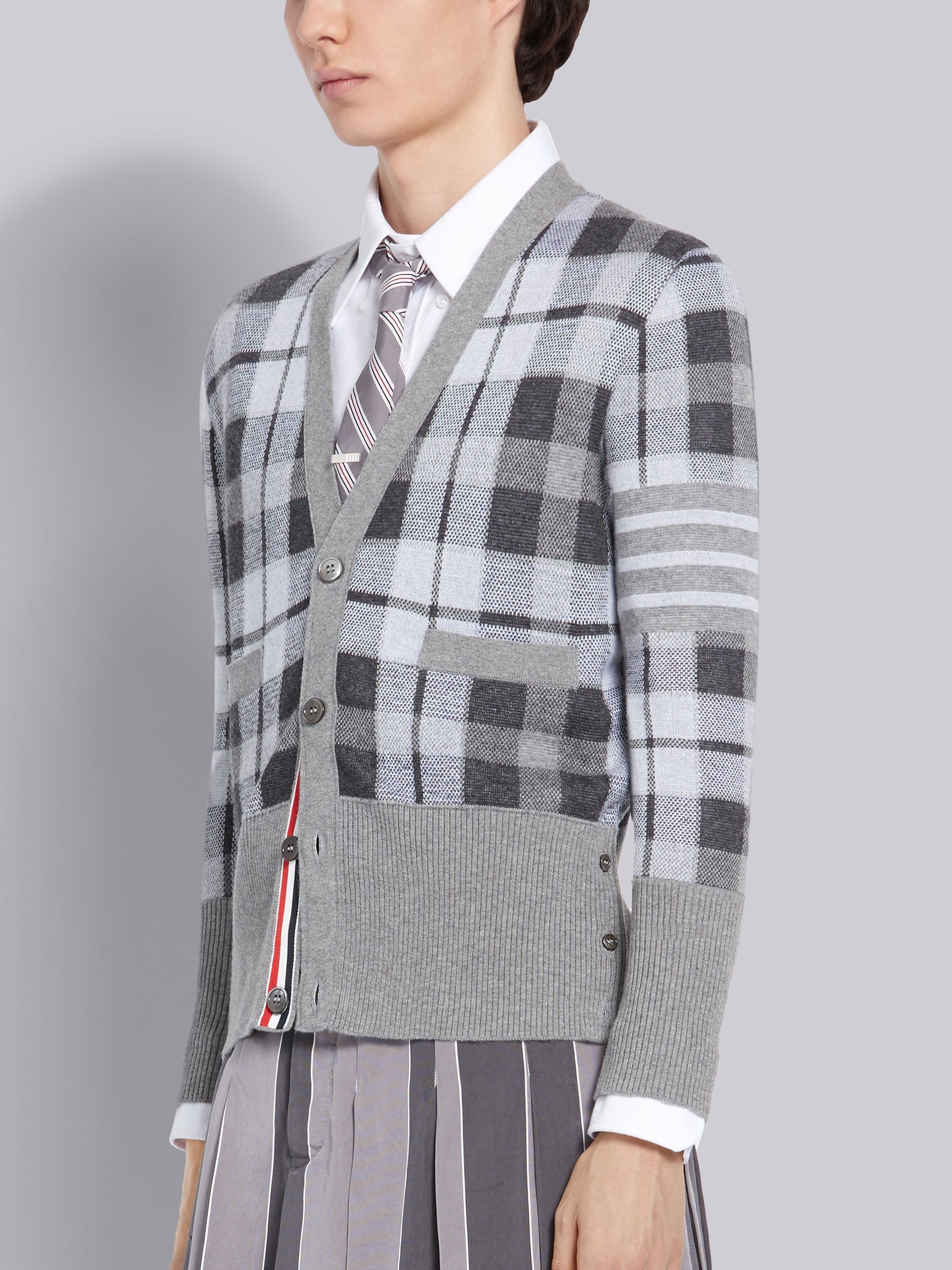 Medium Grey Cashmere Tartan Check Jacquard V-neck 4-Bar Cardigan - 3