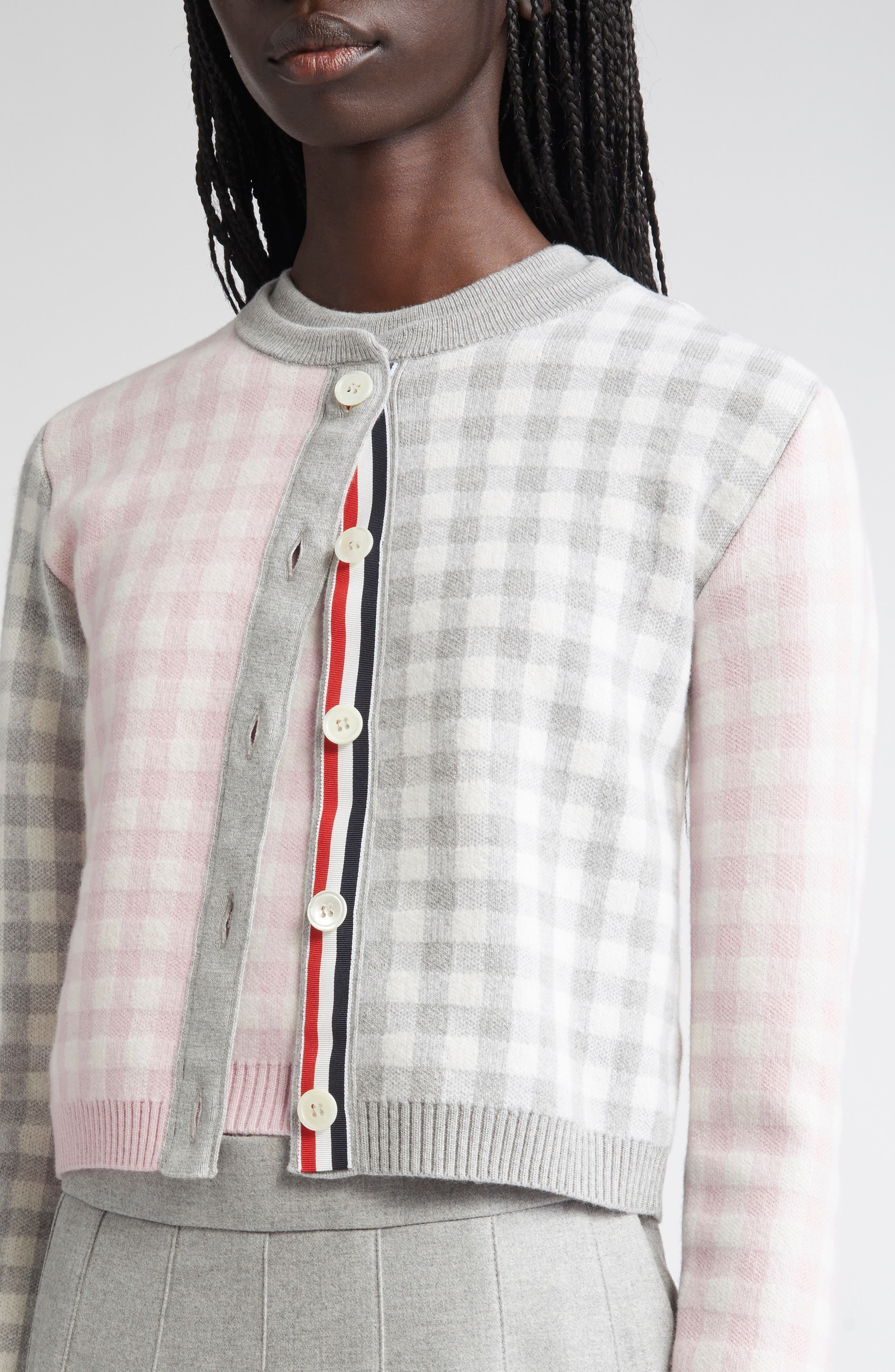 Thom Browne Fun-Mix Gingham Check Bird's Eye Wool Blend Cardigan in Seasonal Combo at Nordstrom - 5