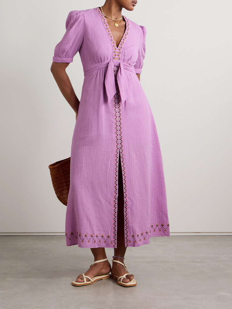 SALONI Jamie Tie-detailed Embroidered Cotton-seersucker Midi Dress outlook
