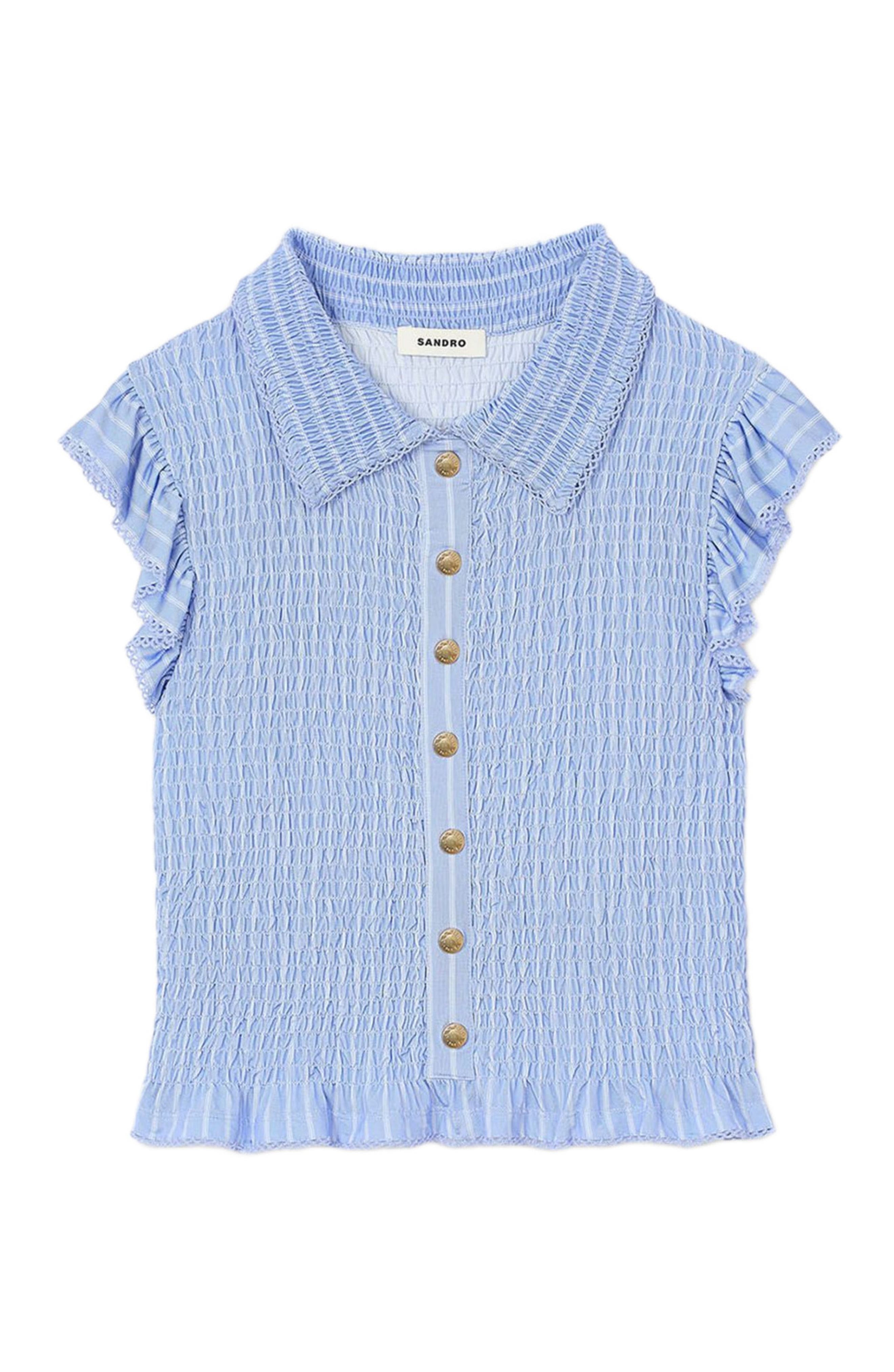 SANDRO Striped smocked T-shirt in Sky Blue at Nordstrom - 5